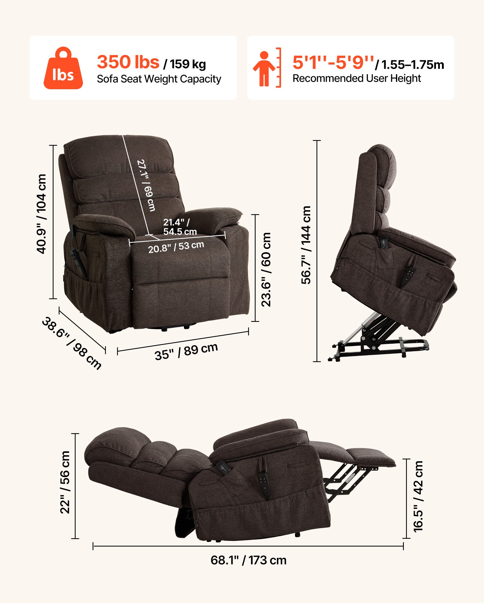 Fauteuil Releveur Électrique VEVOR, Double Moteur, Fauteuil de Relaxation avec Fonction Chauffante et Massage, pour Personnes Âgées, Télécommande - 3