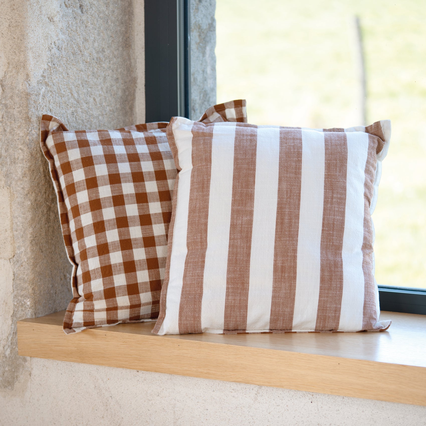 Housse de coussin recto-verso 100% coton rayures et vichy LOURMARIN - Terracotta - 45x45 cm - Coton - 4