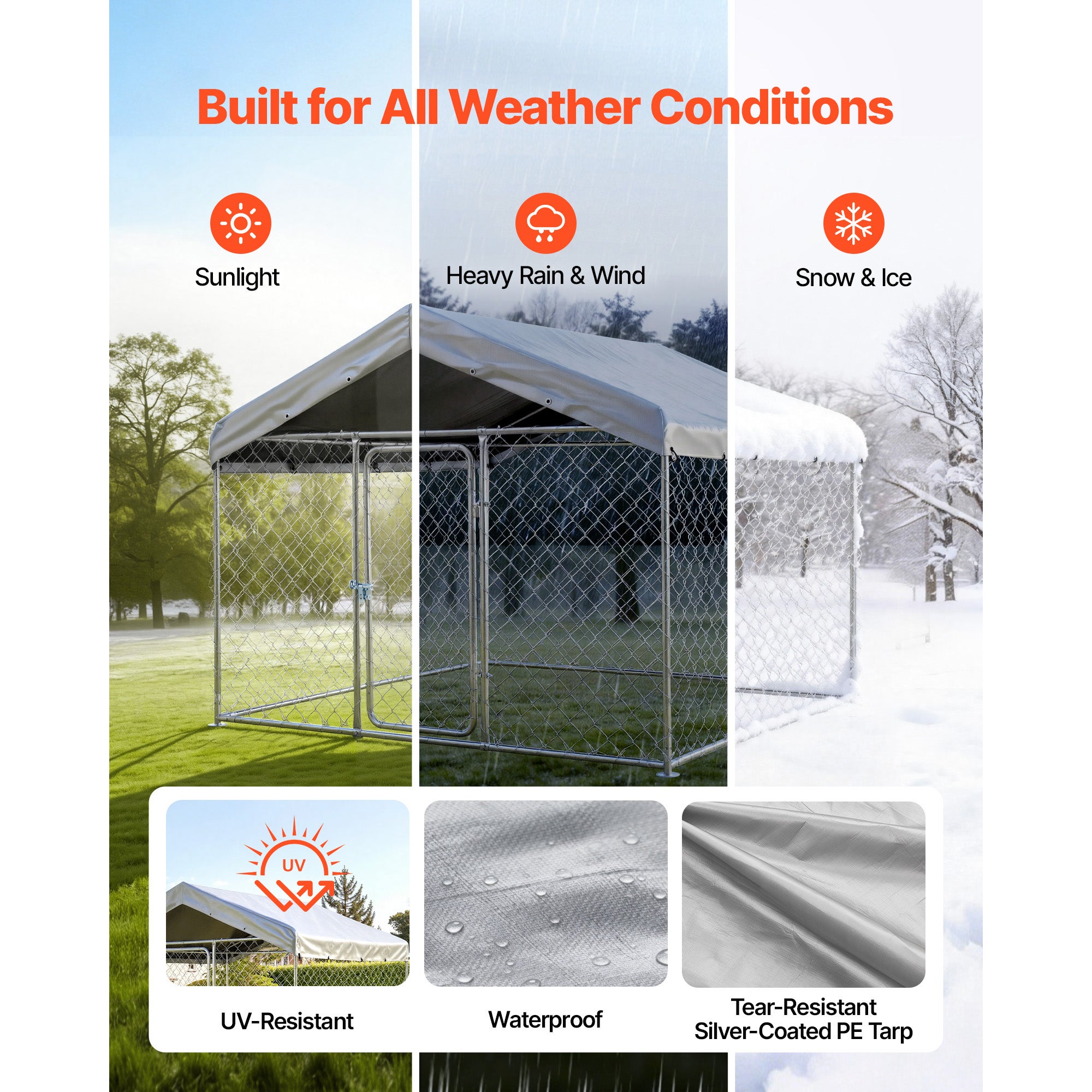 Canil exterior SucceBuy 2x2x1,6 m com cobertura, resistente e à prova de intempéries, cercado para cães de grande porte com capa de PE prateada - 3