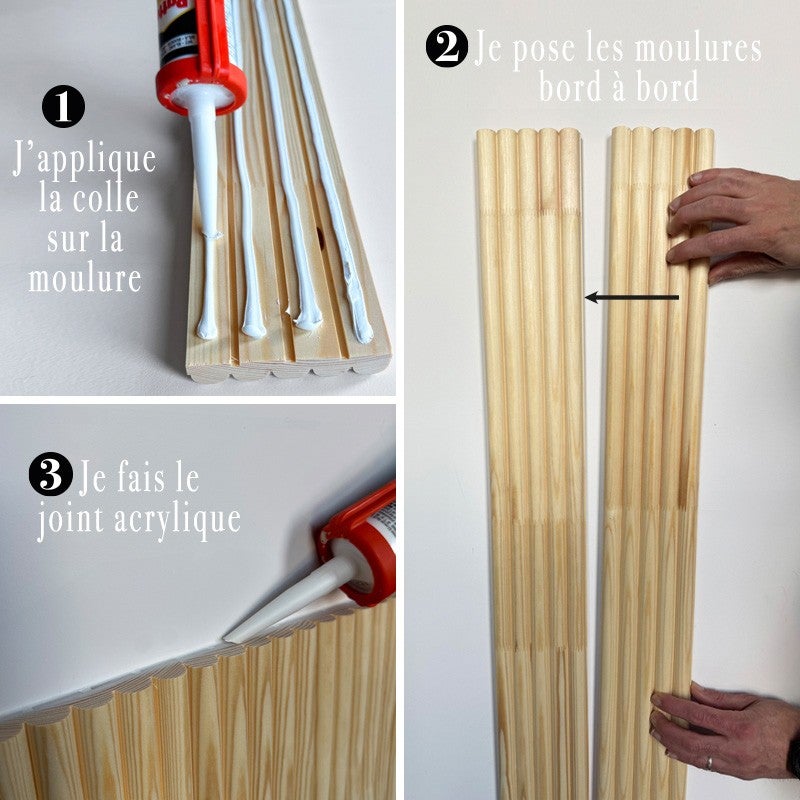 Kit de 10 moulures murales - demi-ronds - Pin abouté - 10x(10x100cm) - Prêt à coller et peindre - Fabrication française - 6