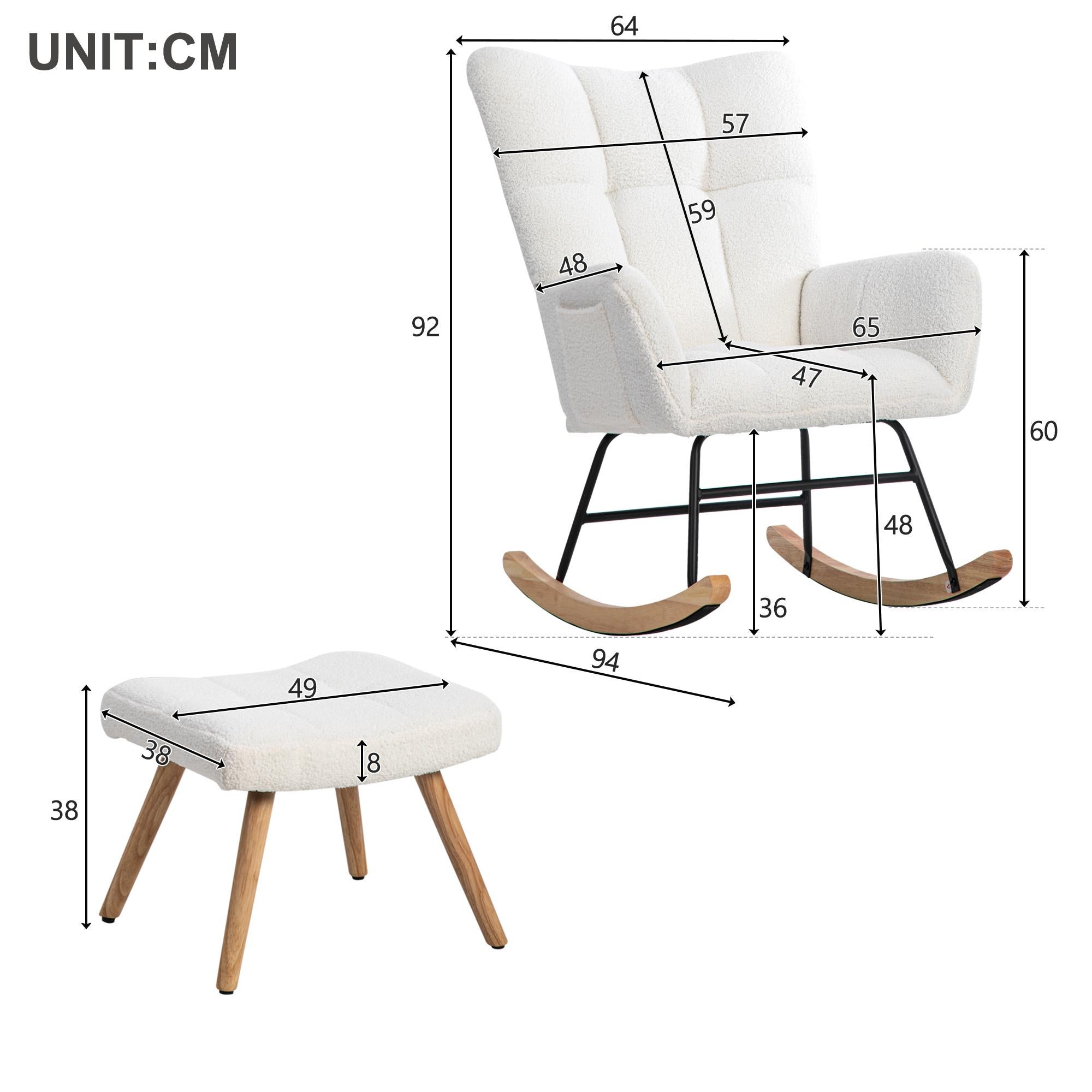 Fauteuil à bascule Rocking chair en tissu bouclette - avec repose-pieds - Blanc - 5