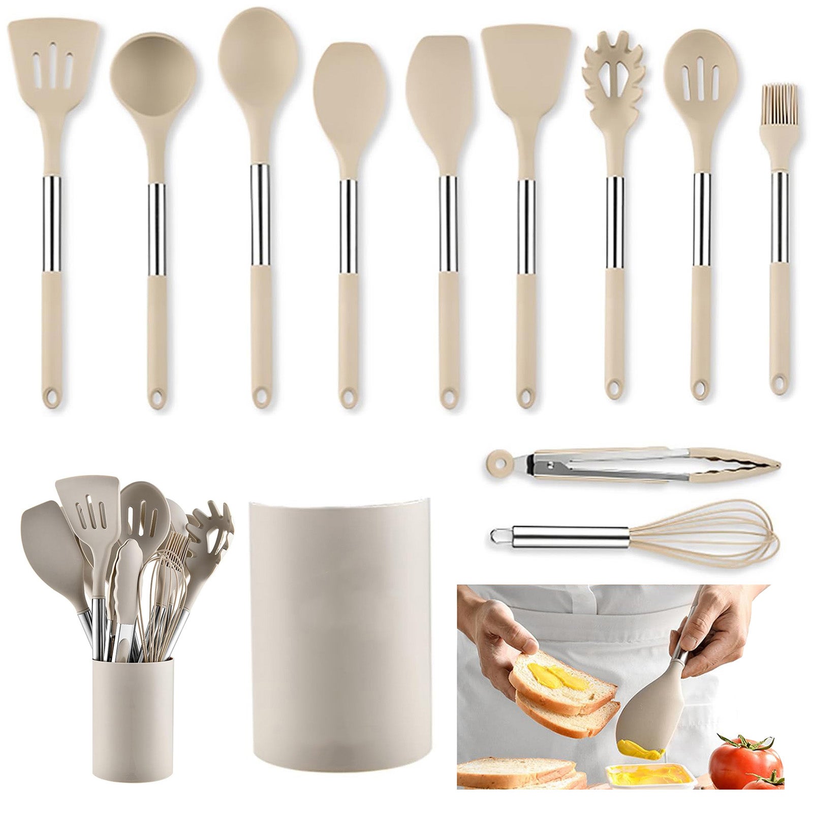 Set utensilios cocina 12 piezas silicona resistentes calor mangos ergonómicos antiadherentes beige - 2