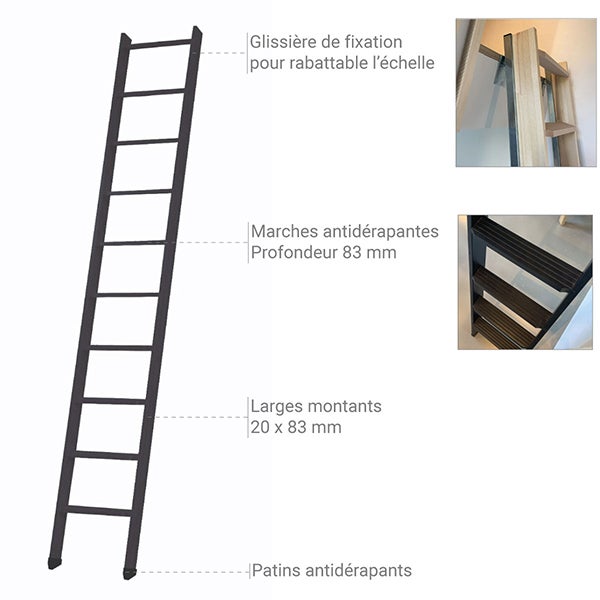 Echelle de meunier rabattable Noir RAL 9005 10 marches - Hauteur de sol à sol 2,37m - EC-MEZZ-RAB-N-10 - 4