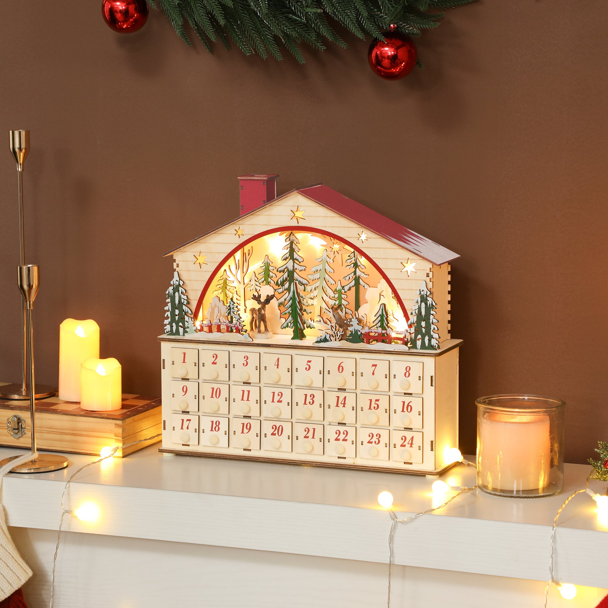 Calendario Adviento Navidad HOMCOM Tablero Multicapa Madera Natural 36x10x34 cm - 3
