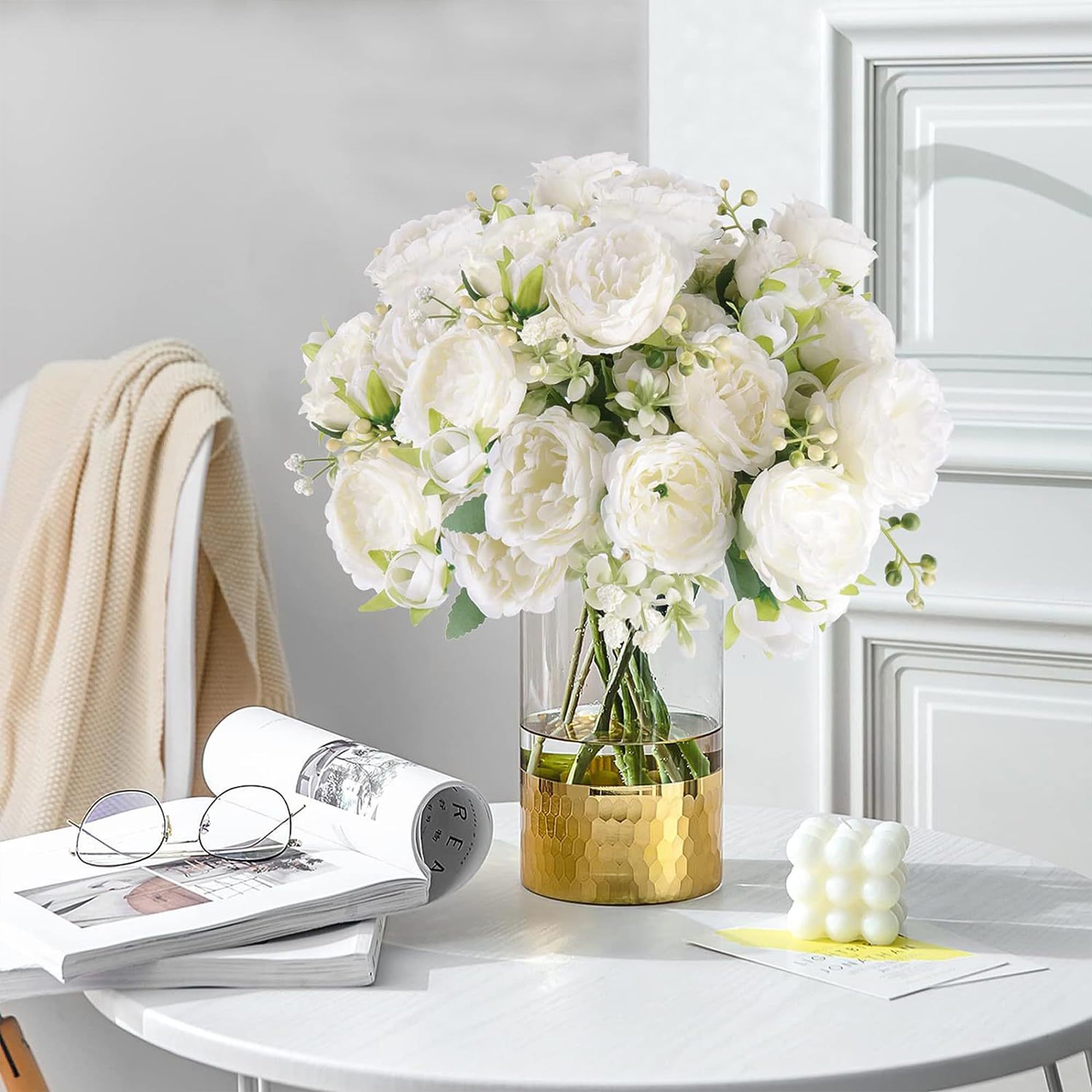 2 Bouquets Fleurs artificielles en Soie Pivoine Artificielle Fausse Fleur pour Mariage Parti Accueil Cuisine Décor, Blanc - 6