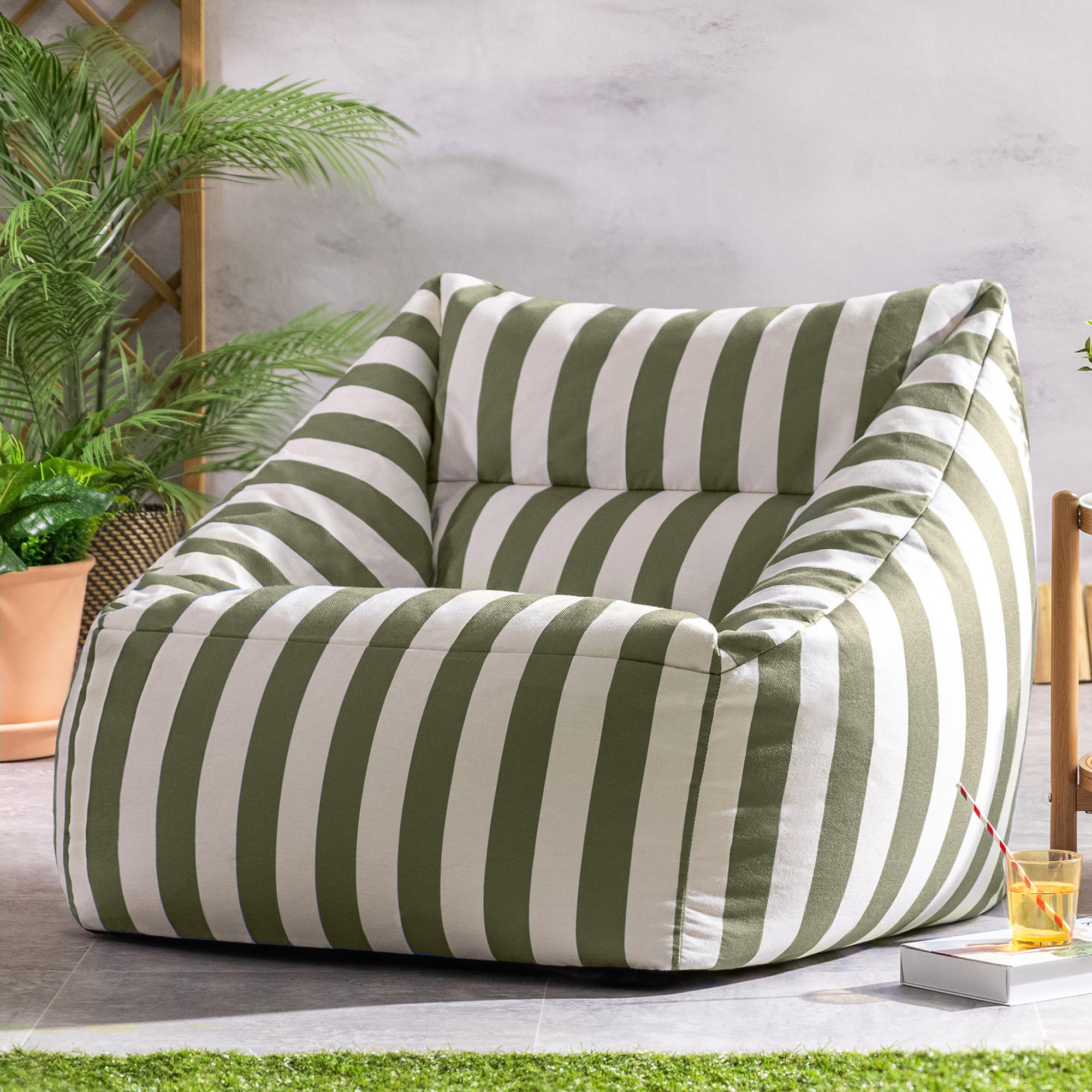 Pouf fauteuil Icon en tissu tissé Oeko-Tex® rayé vert olive, intérieur et extérieur, jardin, salon, 97x84cm - 2