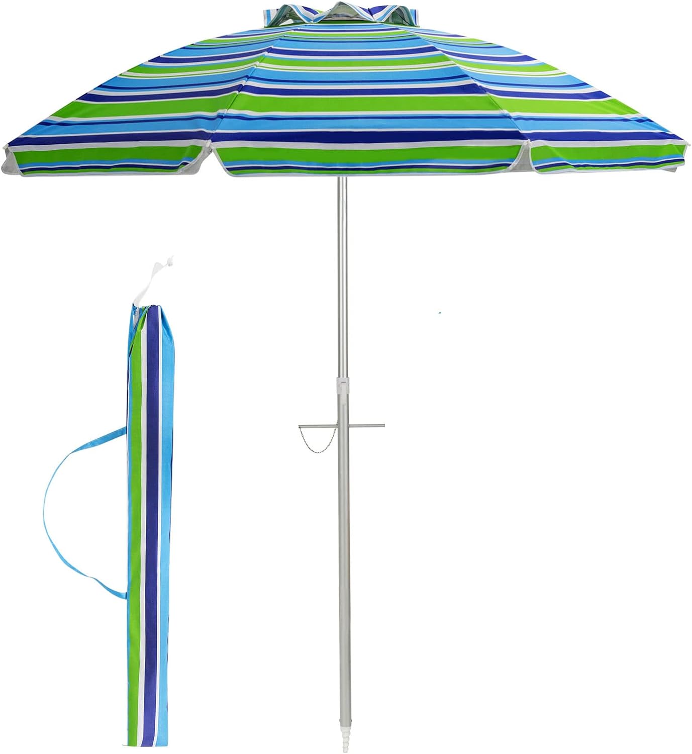 Parasol Plażowy o Wysokości 2 m – Odchylana Czasza z Daszkiem/Torba/Falbana – Aluminiowy Maszt i 8 Żeber – Ochrona UV50+, Zielony