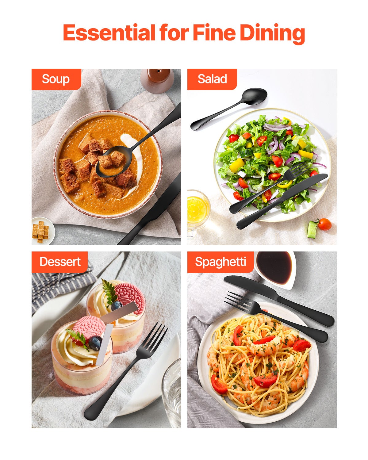 Set Posate 30 Pezzi,VEVOR Posate Acciaio Inox Alimentare,Finitura Lucida,Lavabile in Lavastoviglie,Coltello,Forchetta,per Cucina e Casa,Nero - 6