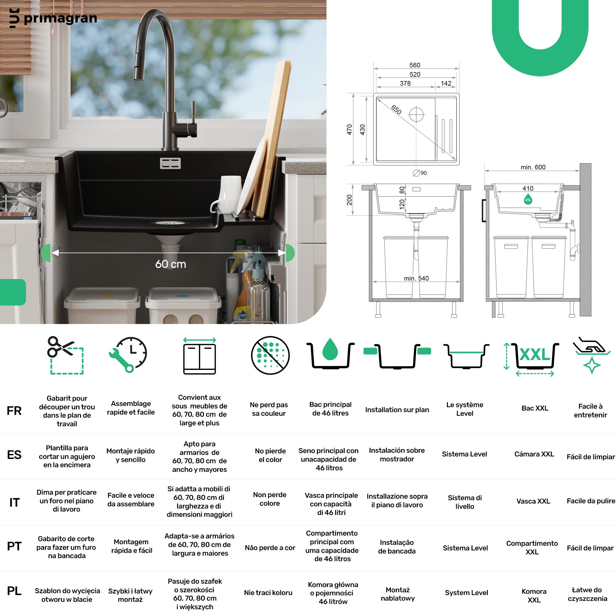 Lavandino da Cucina Nero 56x47cm, Lavello in Granito a 1 vasca + Sifone Classico + Accessori, Lavabo da Cucina Incasso al mobile 60cm PRIMAGRAN - 6