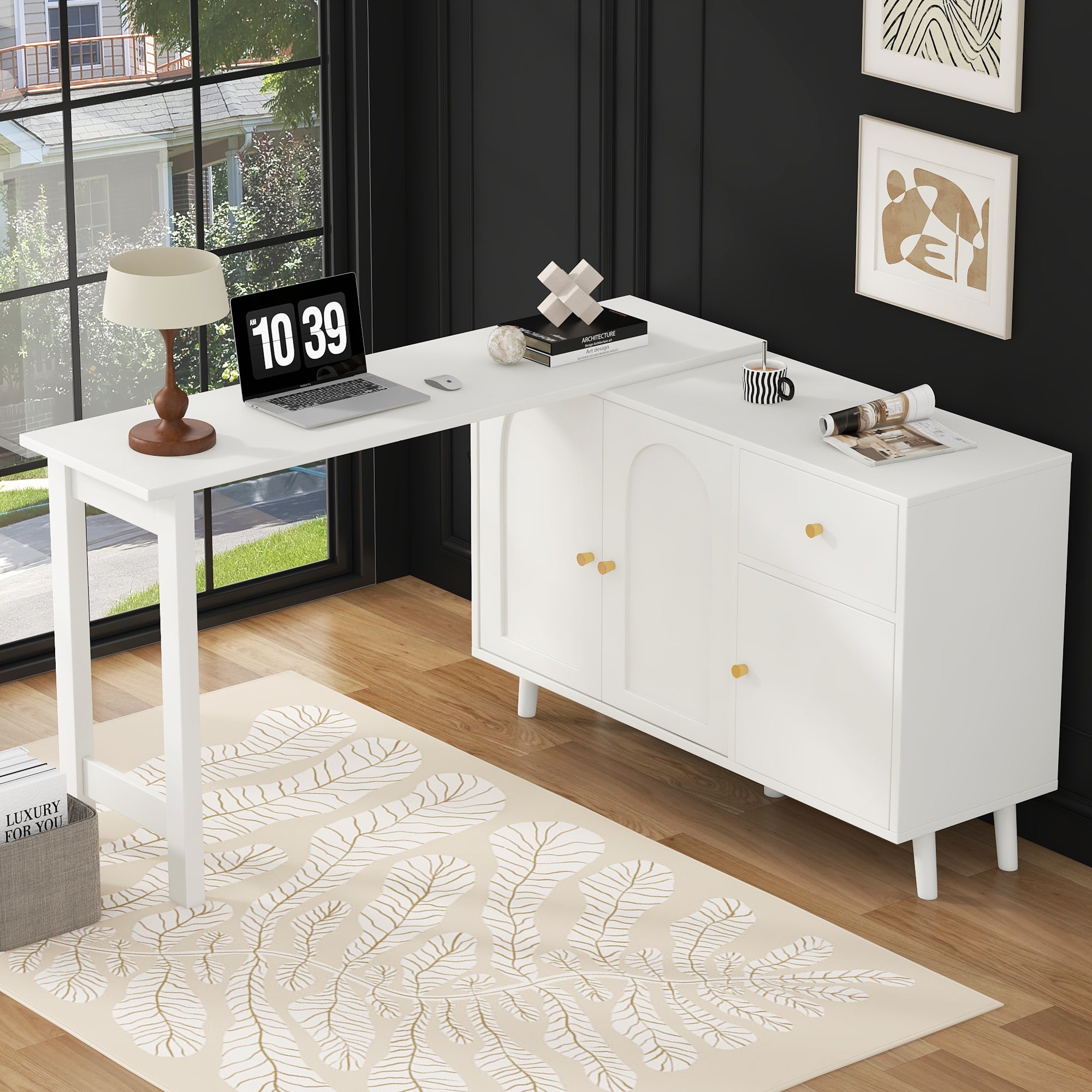 Bureau d'angle pivotant avec 3 portes et 1 tiroir, coiffeuse - 120 x 40 x 74.5 cm - Panneau de particules - Blanc - 2