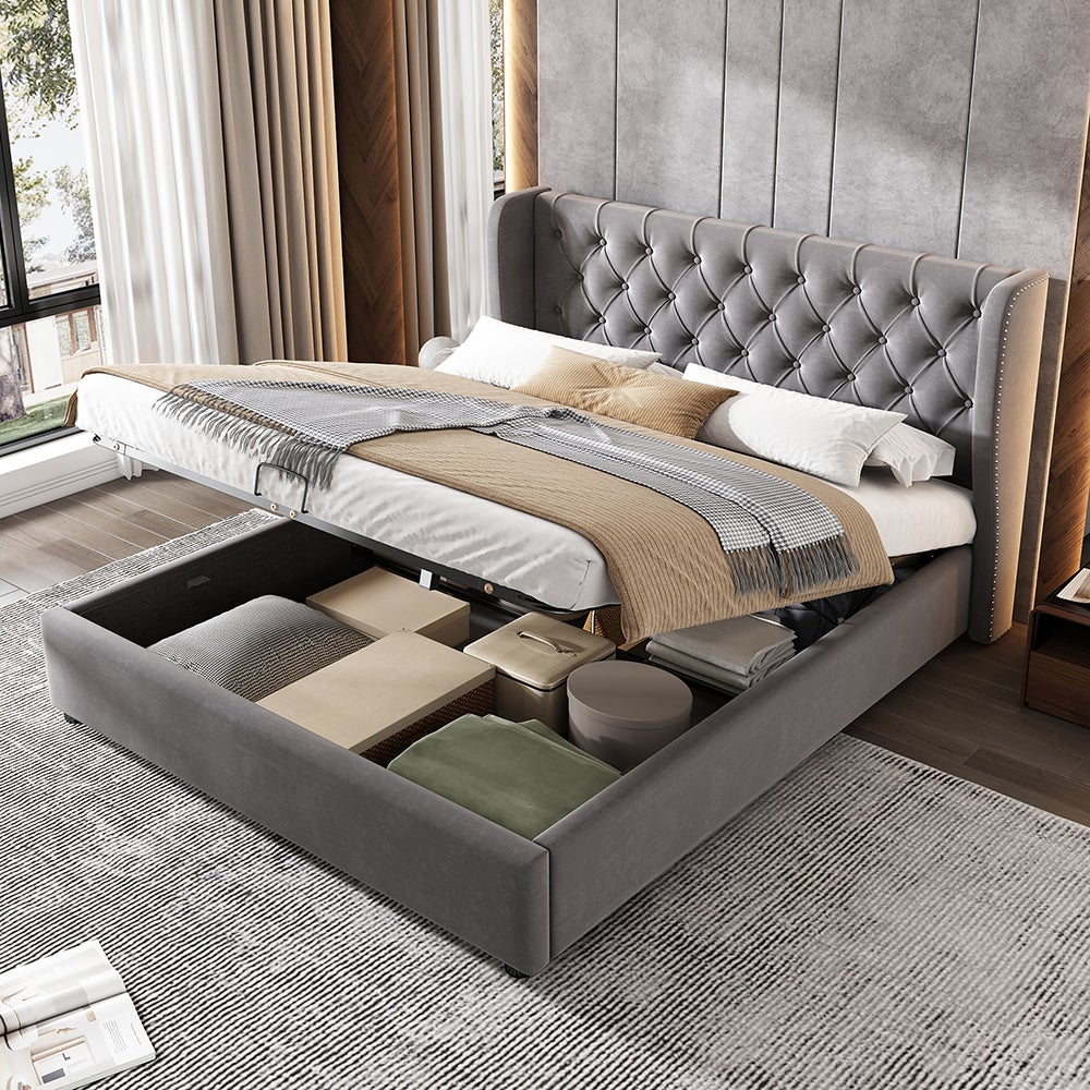 Lit coffre Lit rembourré Lit double Lit 140x190 cm avec sommier à lattes et espace de rangement Lit adulte Gris - 4