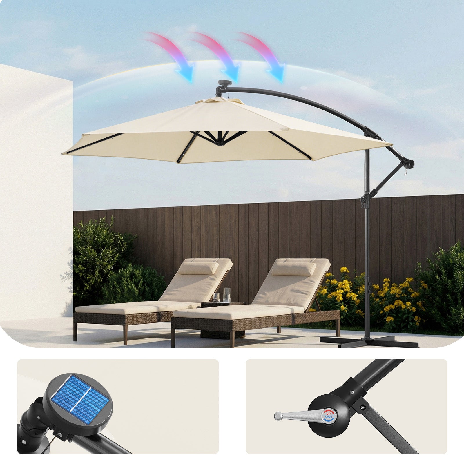 WOLTU Parasol Déporté, avec LED Solaire, Ф3m, Parasol de Jardin Extérieur, Hexagonal, Rotation à 360°, Beige - 5