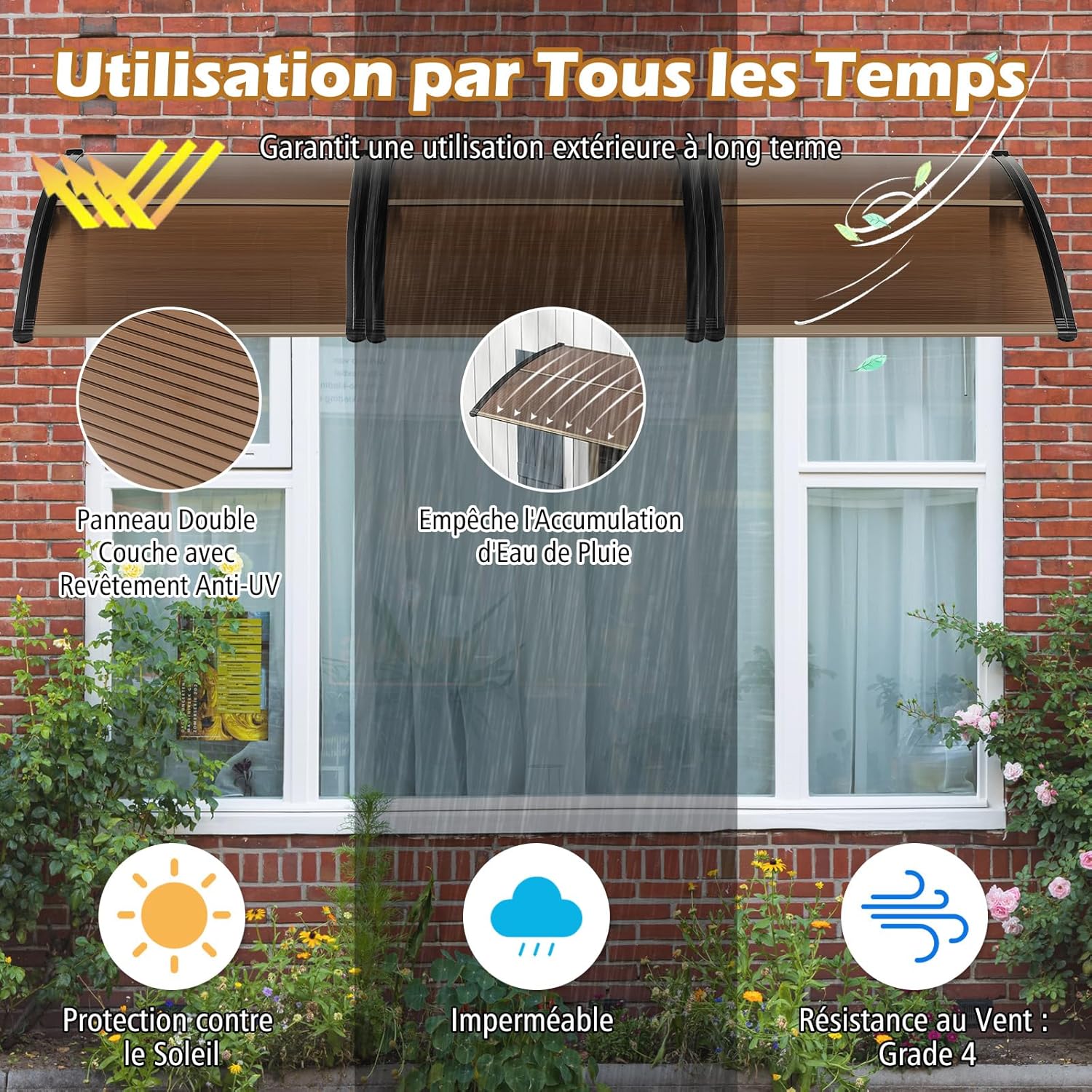122 x 99 cm Toldo para porta de entrada Proteção solar, Toldo para portas e janelas exteriores Placa de policarbonato castanho - 3