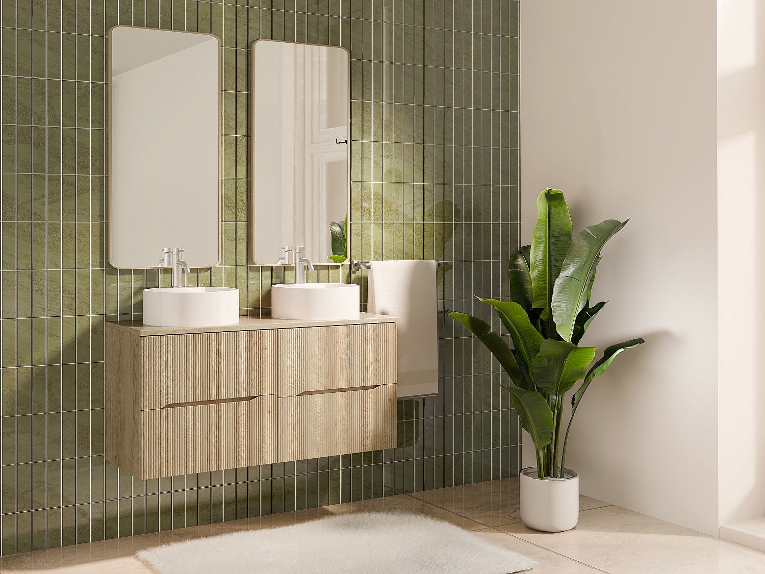 Szafka łazienkowa wisząca prążkowana z okrągłą umywalką nablatową i baterią – Jasny naturalny – 120 cm – ORISO