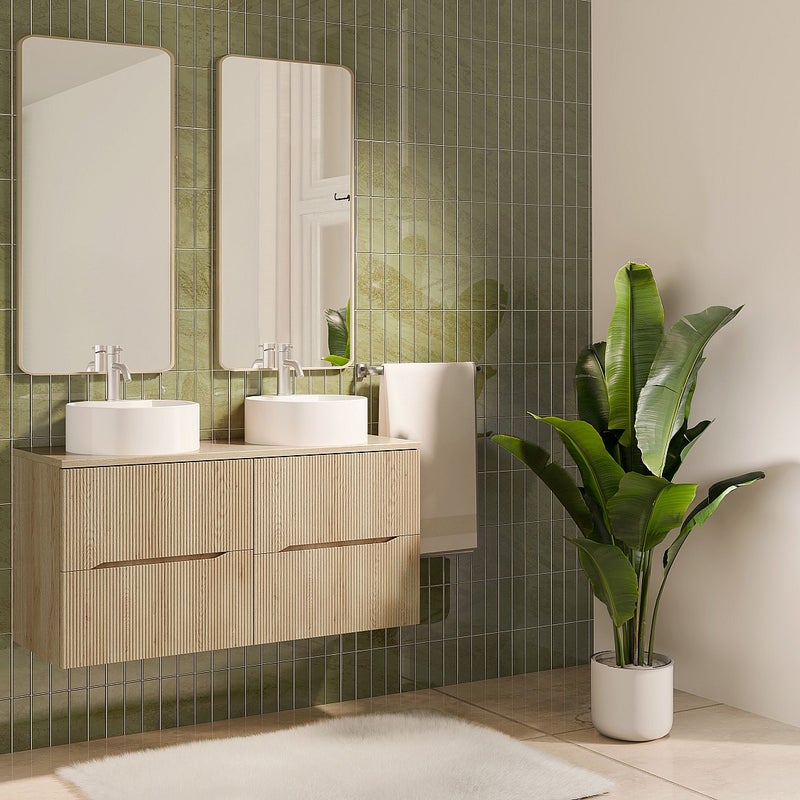 Szafka łazienkowa wisząca prążkowana z okrągłą umywalką nablatową i baterią – Jasny naturalny – 120 cm – ORISO