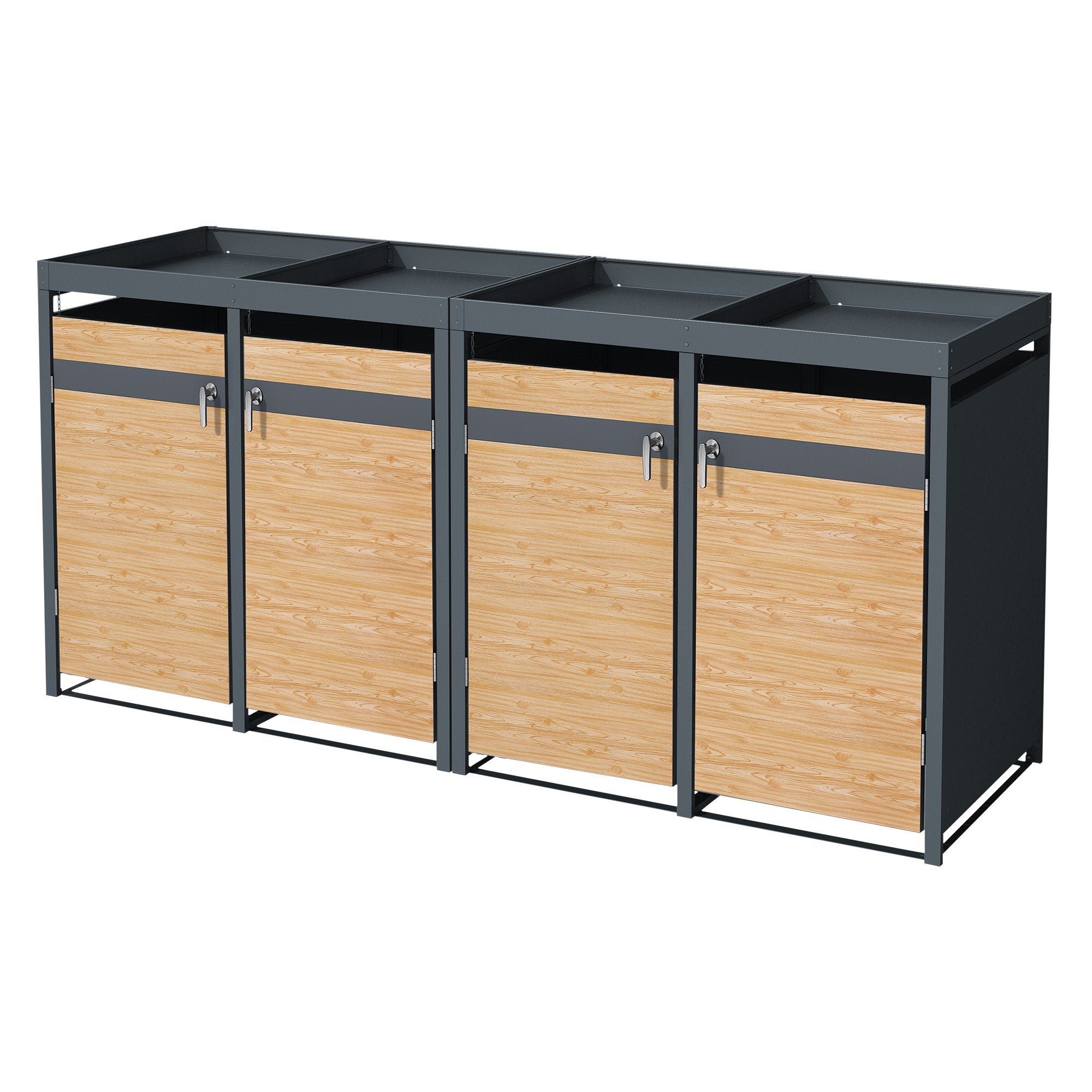 ML-Design pojemnik na śmieci z daszkiem na 4 kosz 240 L 264x80x124 cm stalowy modrzewiowy z drzwiczkami zamykany odporny na warunki atmosferyczne
