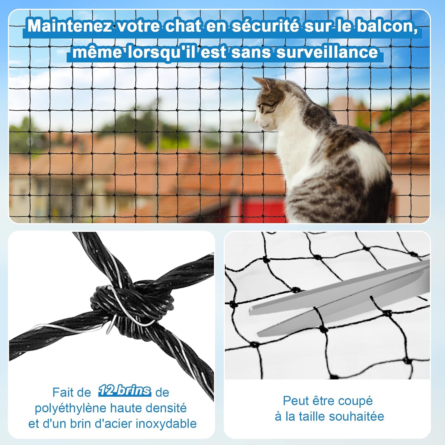 Filet de sécurité renforcé pour balcons, résistant aux morsures, aux déchirures et aux UV - 4 x 3 m - mailles de 2,5 cm - 2