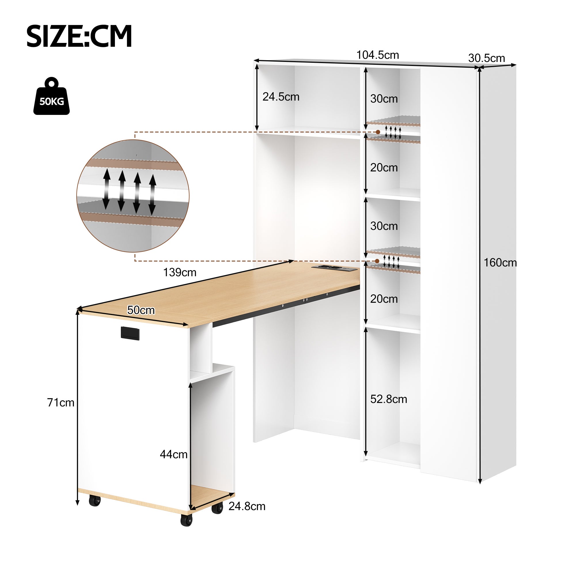 Bureau pliable avec Bibliothèque - 139 x 50 x 71 cm + 104.5 x 30.5 x 160 cm - MDF - Prises de charge et USB - Etagères réglables - Blanc - 6