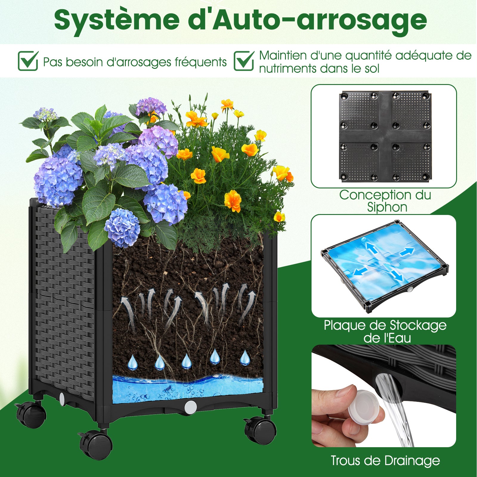 Arche de Jardin 208 CM avec 2 Bacs Jardinière et Treillis, Pergola Extérieur en Métal Revêtu de PE Antirouille avec d'Auto-Arrosage Roues, Gris - 6