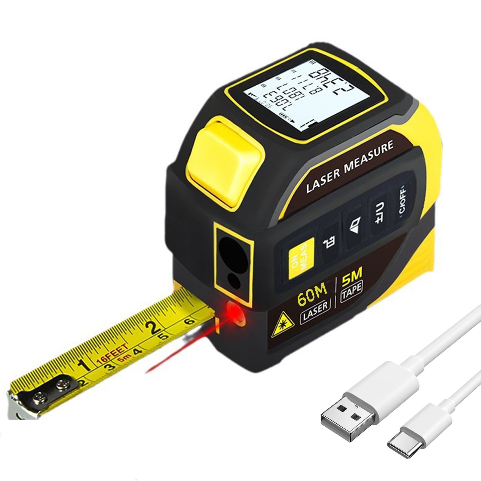 Dalmier laserowy 60M, z laserową taśmą mierniczą 5M, 8 metod pomiaru, dwuosiowy kąt elektroniczny, 50 zestawów pamięci danych