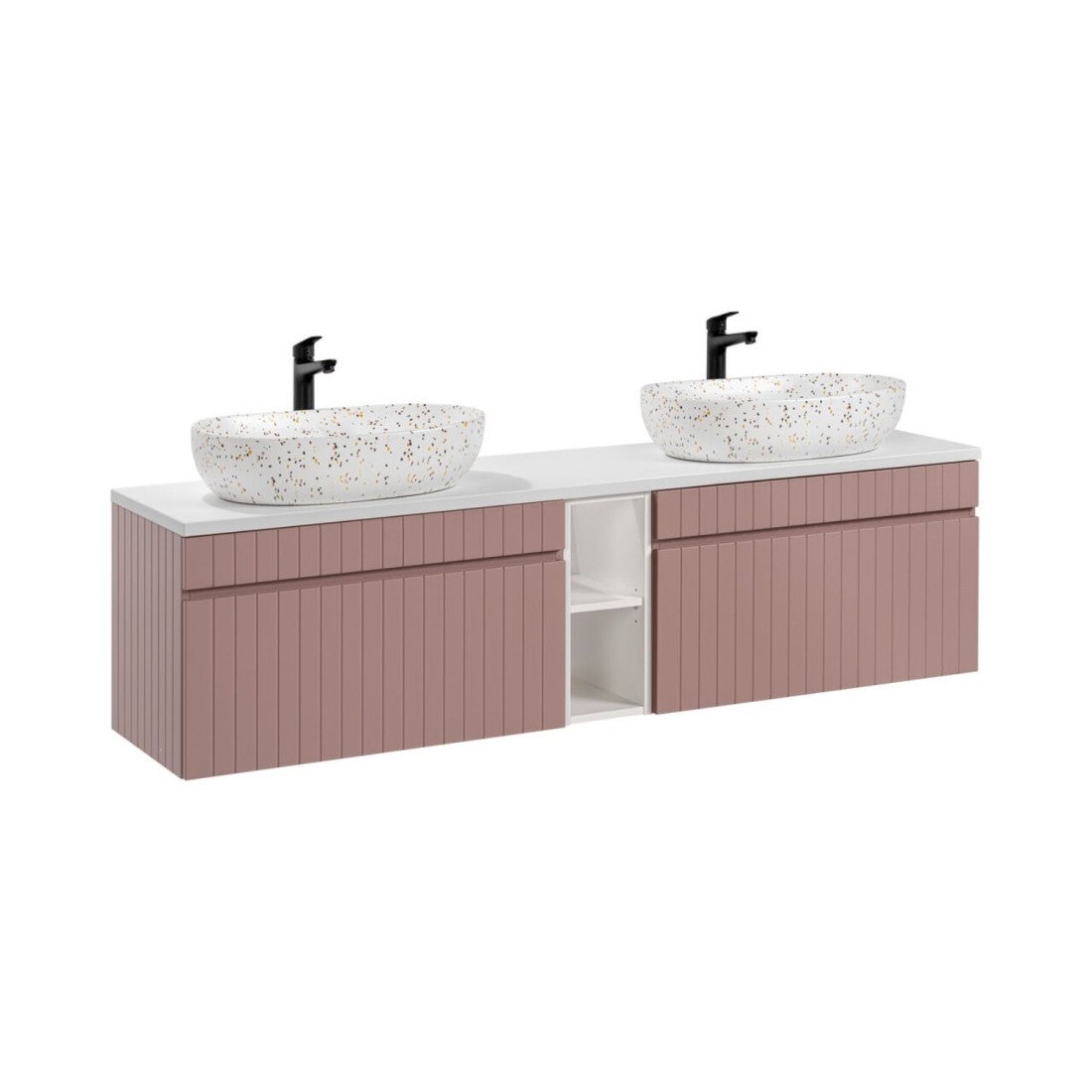 Conjunto icon: muebles bajo lavabo de 180cm con nichos visibles + encimera para lavabo + dos lavabos sobre encimera moteados