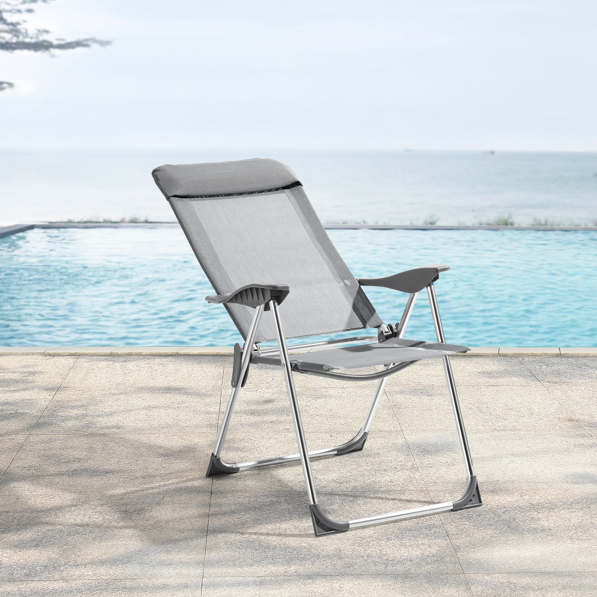 Set 2 Sedie Pieghevoli Da Giardino Con Schienale Reclinabile - Telaio Acciaio, Tessuto Grigio Chiaro, Per Terrazzo Balcone