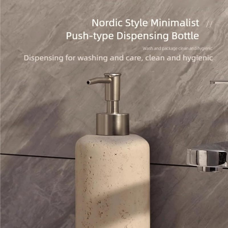 Distributeur savon pierre beige&nbsp;: Effet marbre, rechargeable, pour shampoing/gel hydroalcoolique, déco salle bain. - 2
