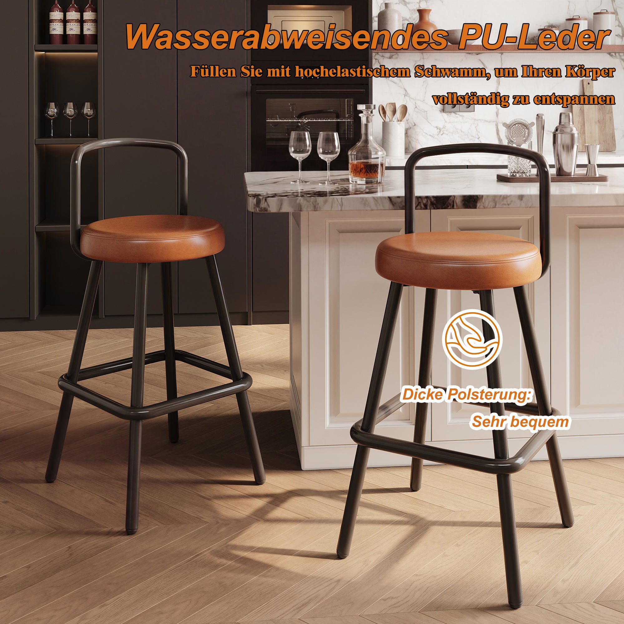 Lot de 4 Tabourets de Bar Modernes en PU Marron, Chaise de bar Dossier Ergonomique avec Pieds Métal Noir, Hauteur 90,5 cm, pour Cuisine ou Bar - 4