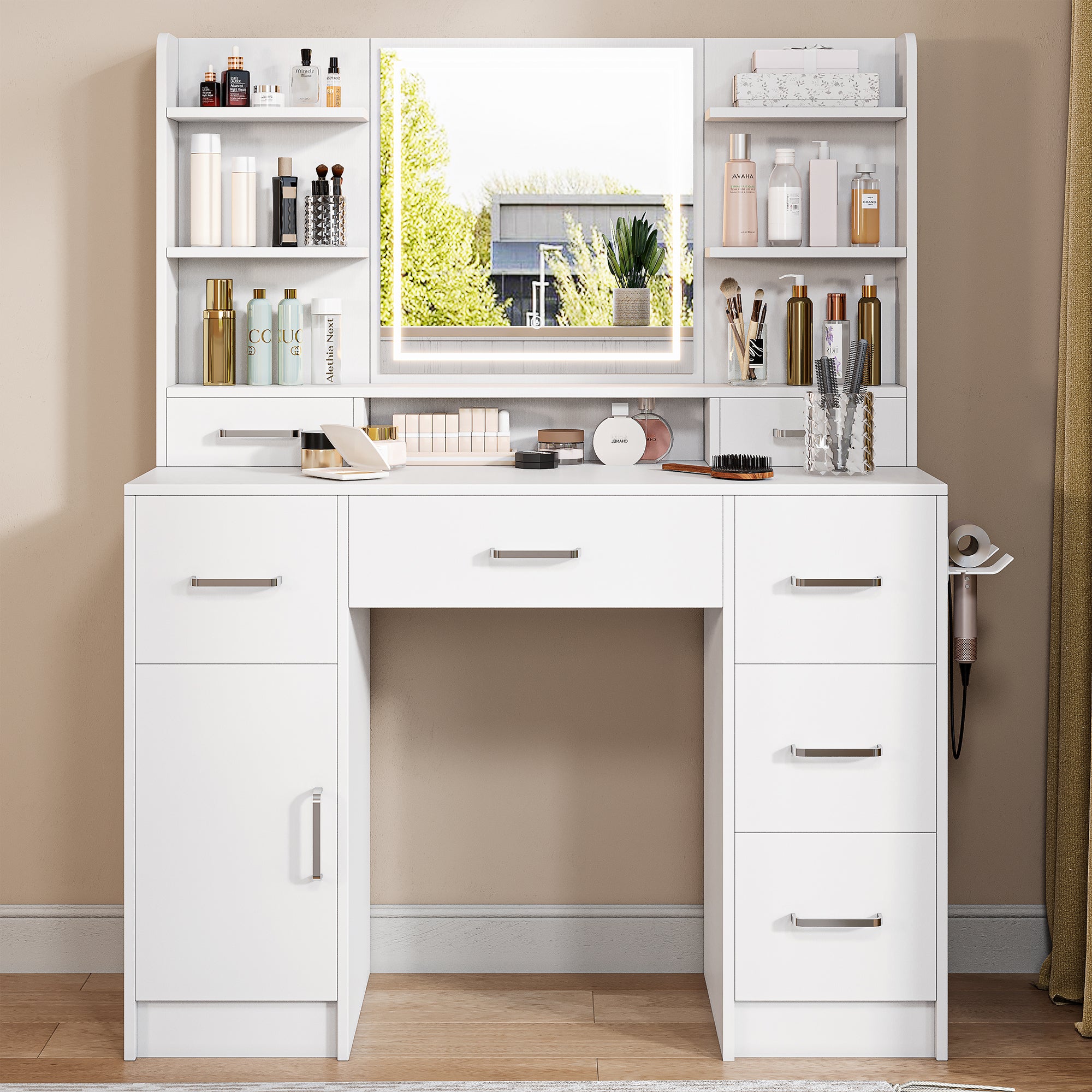 Grande Coiffeuse avec éclairage LED et Miroir, Luminosité Réglable, Coiffeuse avec Prise, 8 Tiroirs et 7 étagère Ouvertes pour Chambre à Coucher Blanc - 8