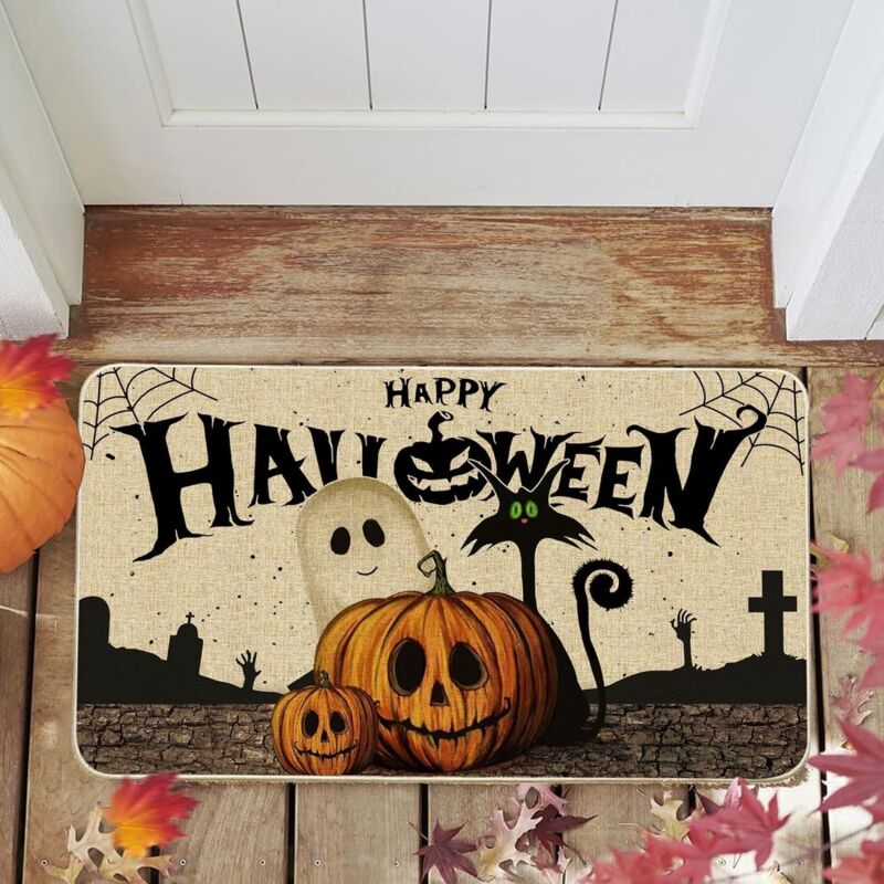 Covor absorbant de intrare cu model de dovleac de Halloween, covor antiderapant din poliester pentru ușă de casă interioară și exterioară