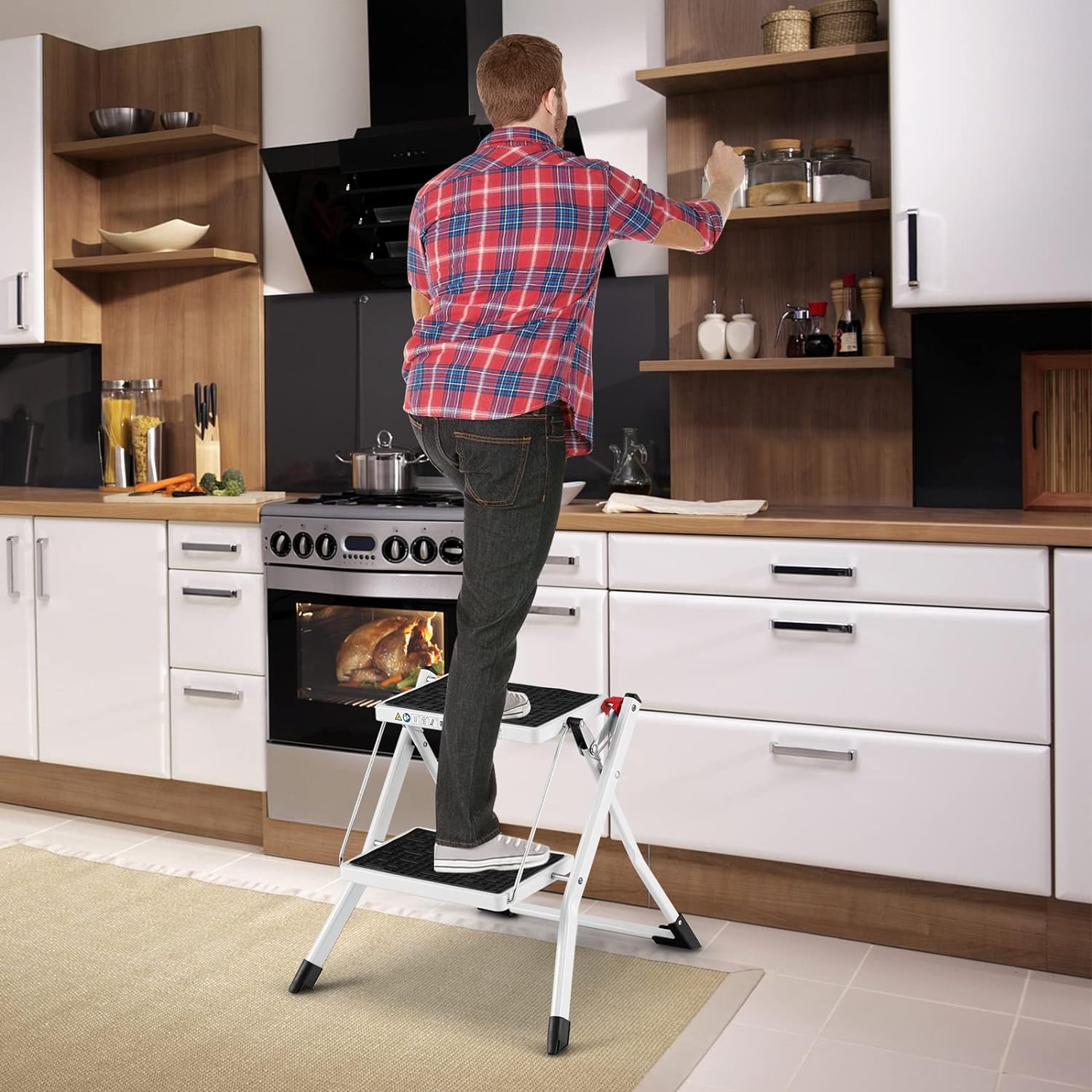 Escabeau Pliable Antiderapant A 2 Marches, Echelle Marchepied En Fer Avec Mains Courantes Capacite De 150 Kg Blanc Et Noir 2 Marches 91730210