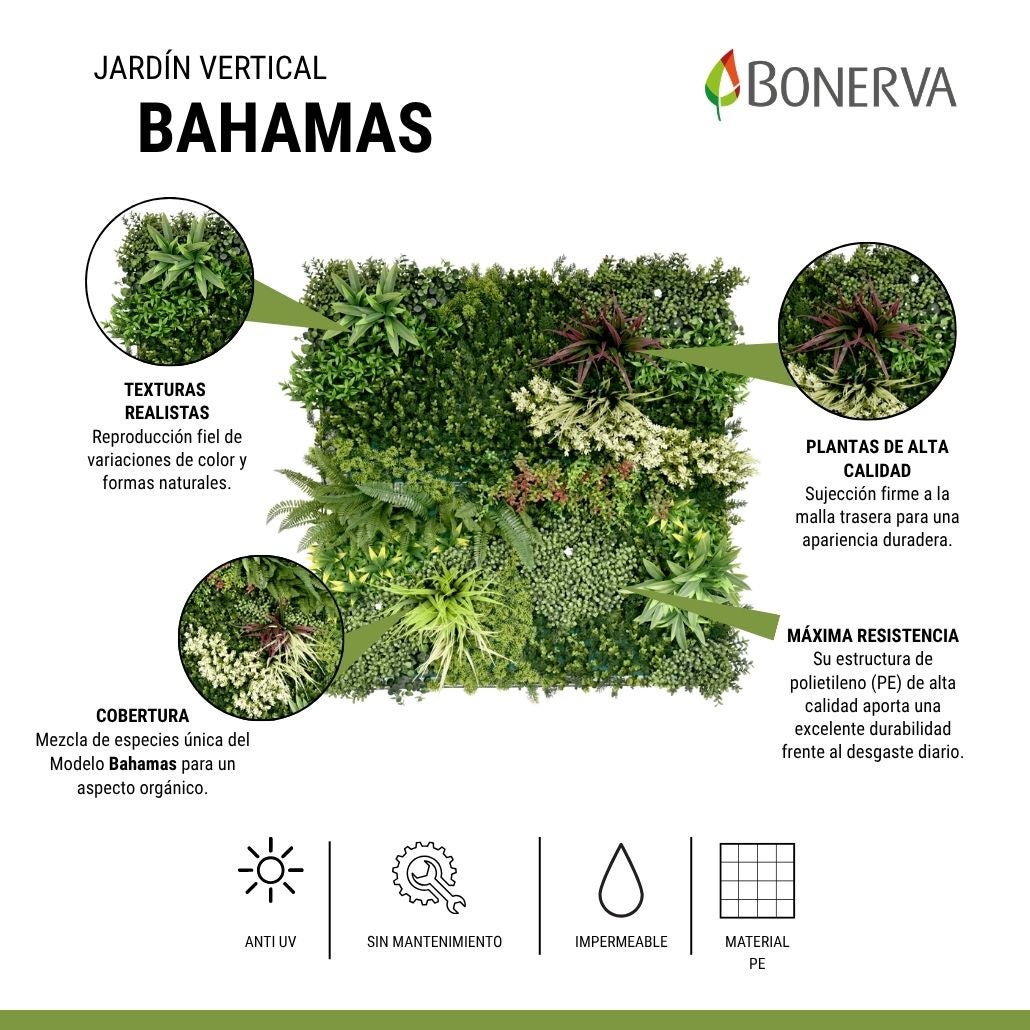 Bonerva | Jardín Vertical Artificial Bahamas | Pack 3m² (3 Piezas 100x100 Cm) | Jardín Vertical Artificial exterior e interior - 8