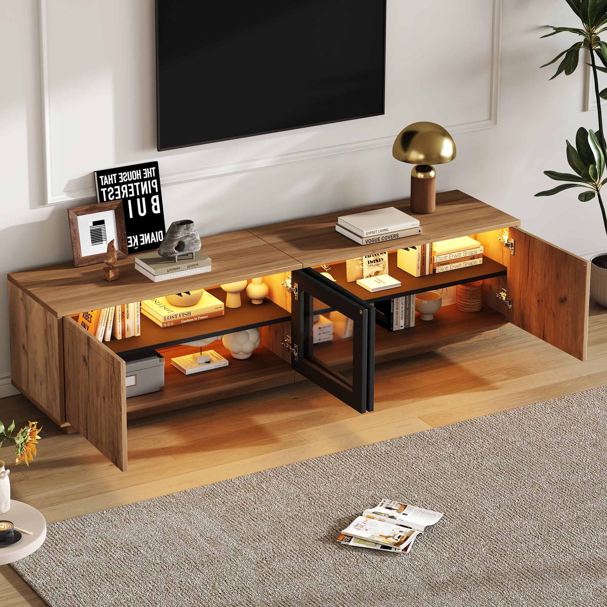 Stojak pod TV z 4 drzwiami do telewizorów 75 cali - 180 x 40 x 45 cm - Diody LED - Płyta wiórowa - Kolor naturalny i czarny