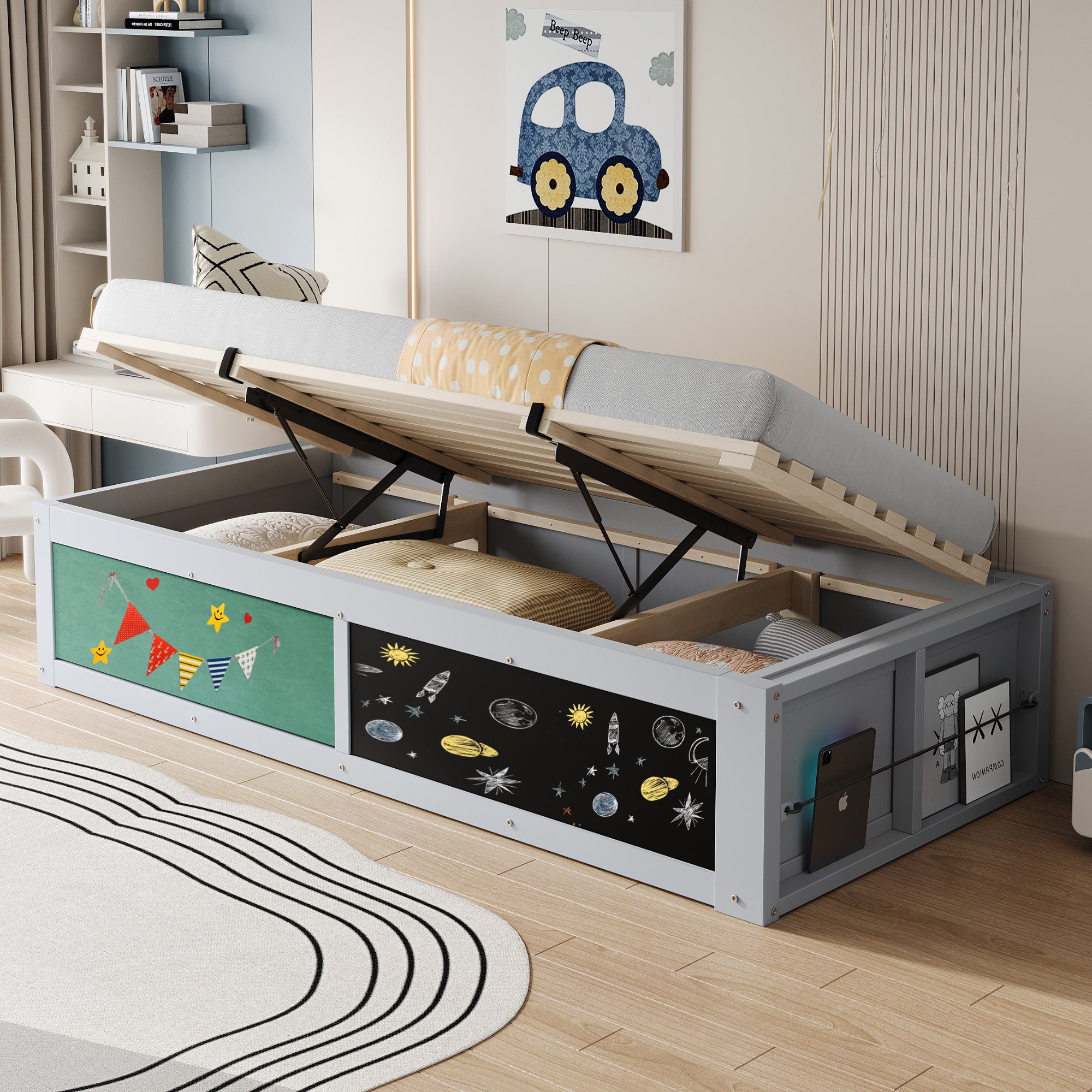 Drewniane Łóżko Dziecięce Szare 90x200 cm z Hydraulicznym Schowkiem, Tablicą i Dwustronną Półką na Książki