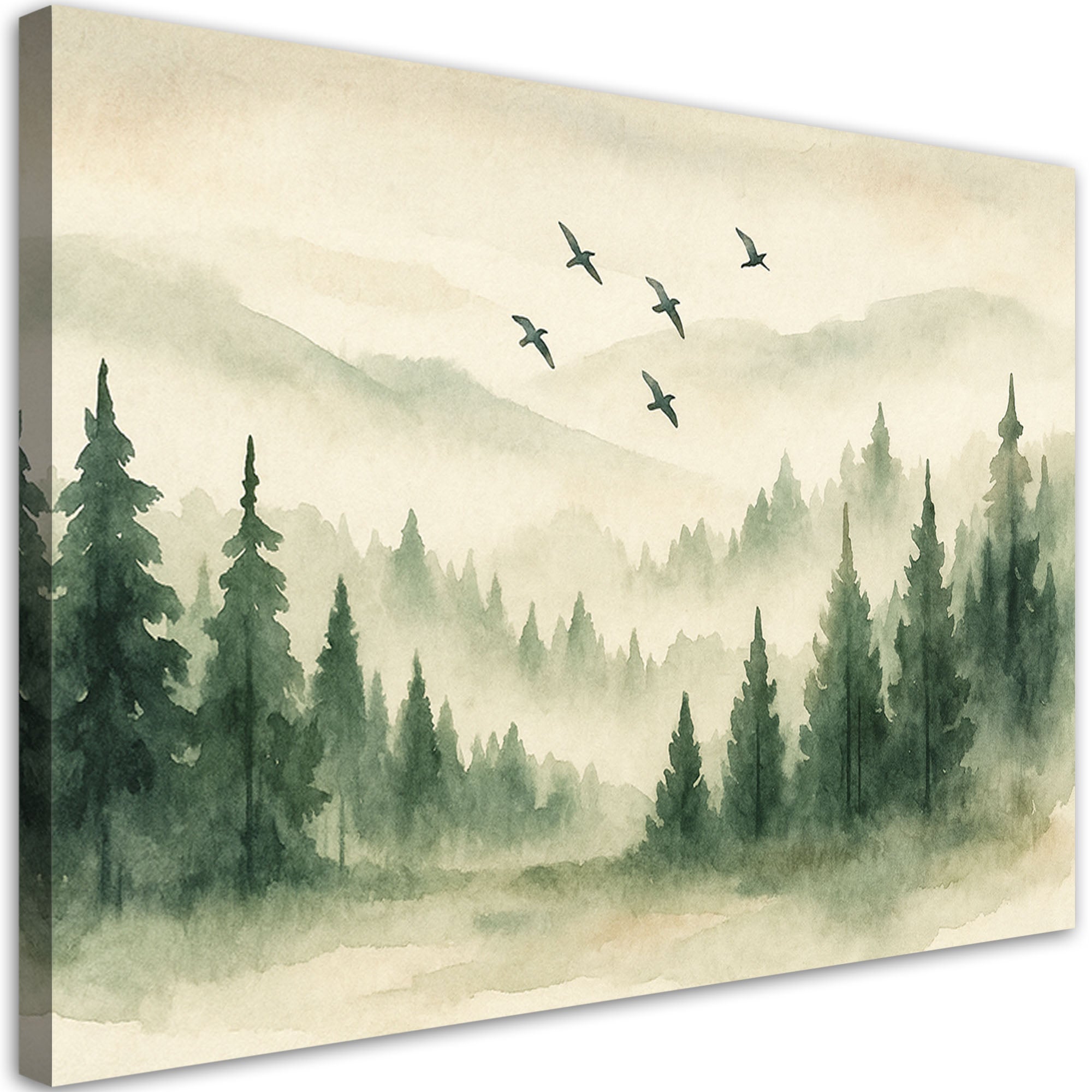 Obraz do salonu, Las Góry Ptaki Akwarela Zieleń Natura 90x60