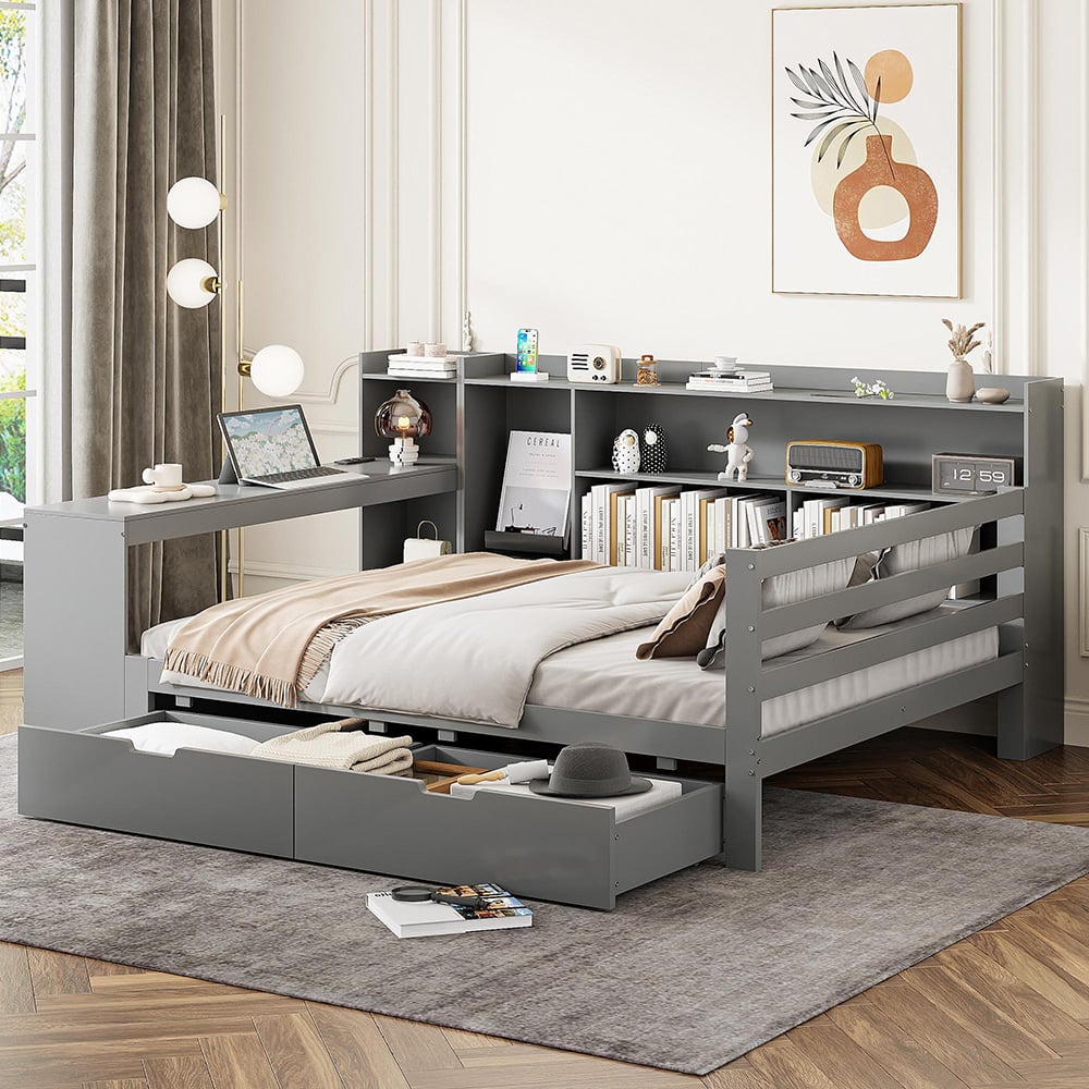 Sofa rozkładana z litego drewna 140*200 cm, z biurkiem, regałem i półkami, gniazdkiem elektrycznym, z 2 dużymi schowkami, szara