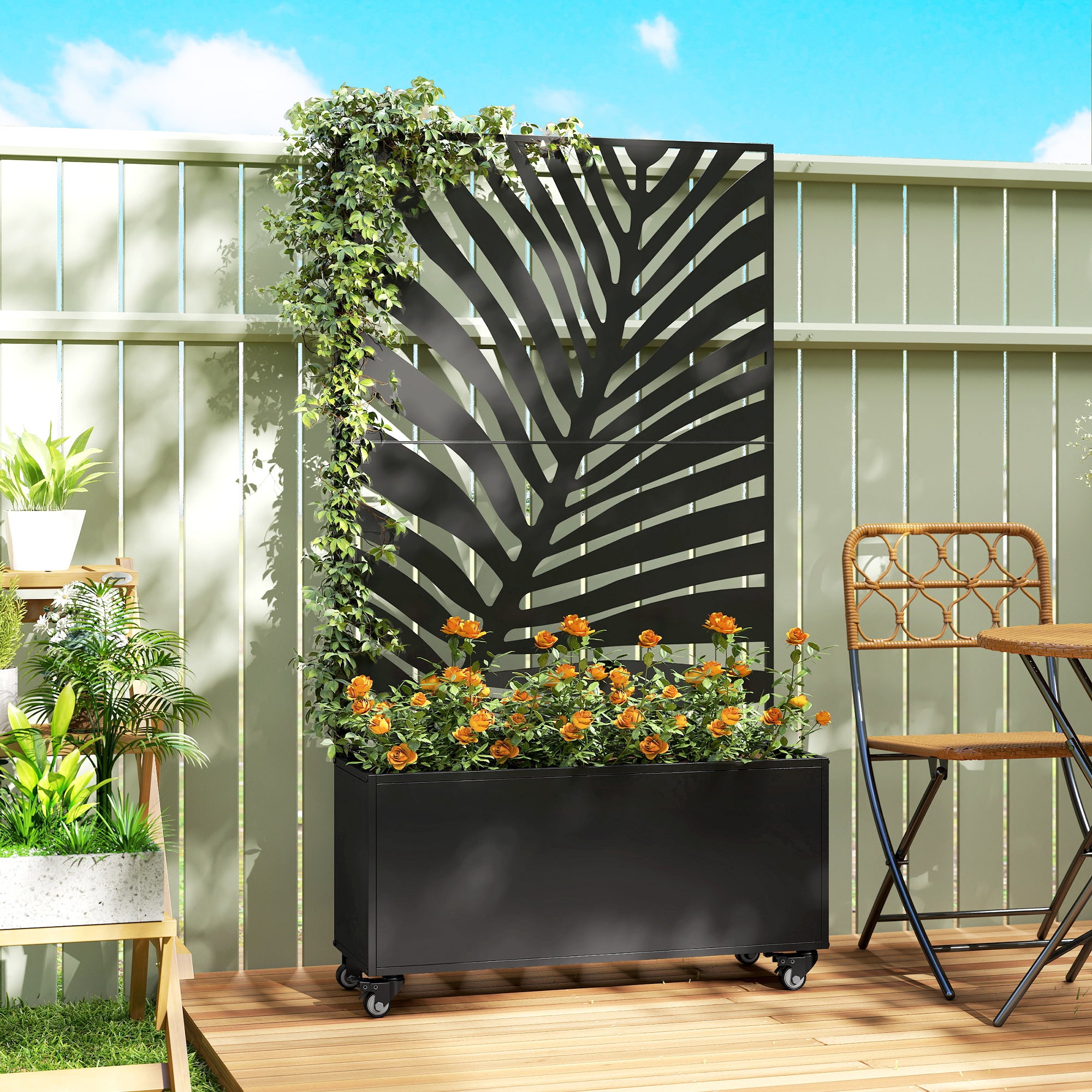 Jardinière avec treillis - Outsunny - avec brise-vue et roulettes verrouillables - pour plantes grimpantes - 90 x 30 x 160 cm, noir - 2