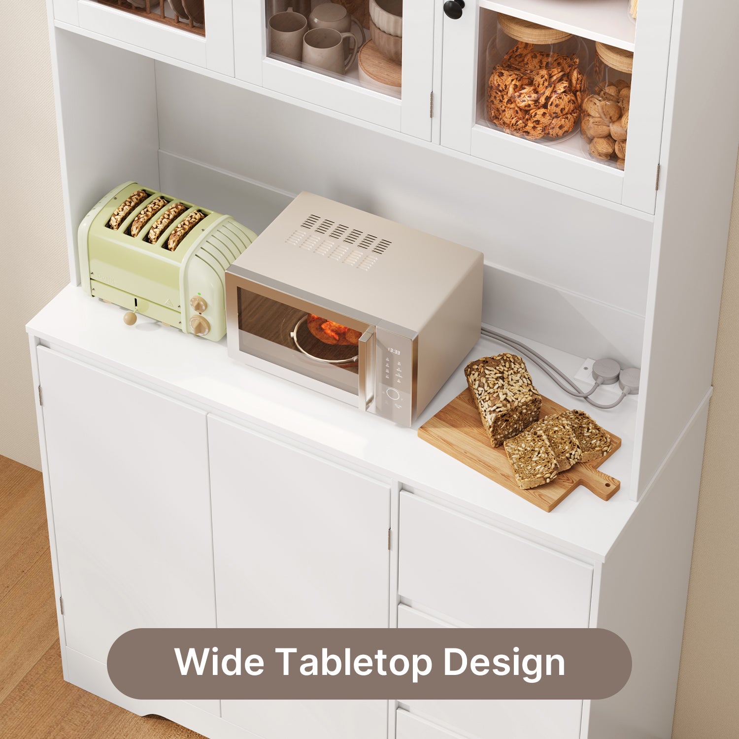 Meuble de rangement cuisine haut blanc,180 cm,avec portes vitrées,avec 3 tiroirs et 5 portes et compartiments - 7