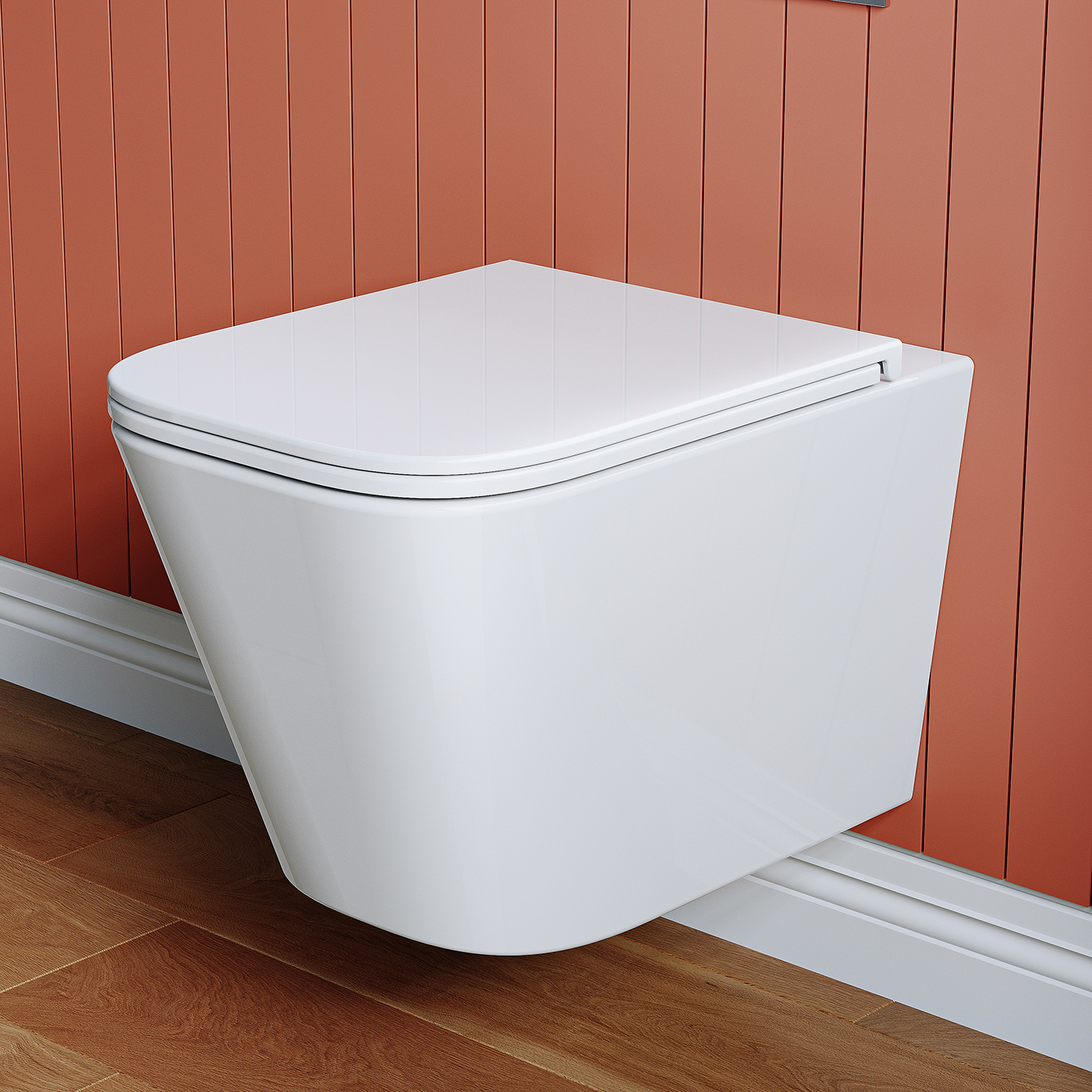 Bezramowa podwieszana toaleta, superobrotowy system spłukiwania z jednym otworem, kwadratowa biała podwieszana toaleta z wolnoopadającą deską sedesową