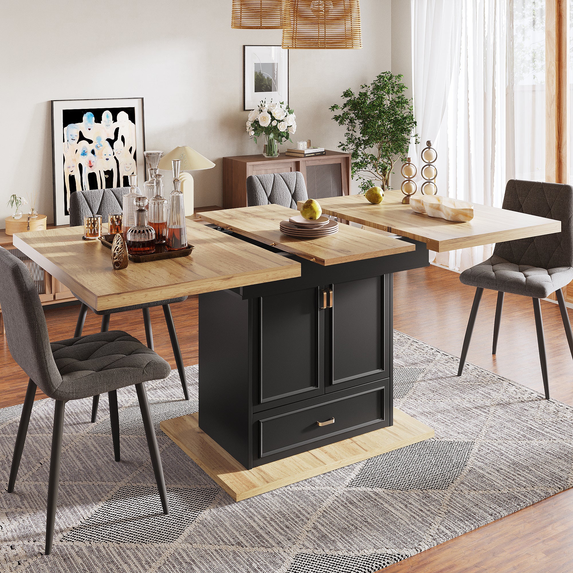 Rozkładany stół jadalny dla 4-6 osób z 1 drzwiami, 1 wnęką i 2 szufladami - 110/140 x 80 x 75 cm - MDF + Metal - Czarny + naturalny
