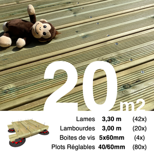 Kit complet terrasse Pin autoclave Vert pour 20 m² • Lames 3,3 m, lambourdes 3 m, plots réglables et visserie Inox • Livraison gratuite