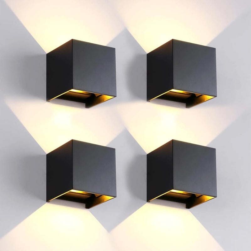 4 sztuki zewnętrznych kinkietów LED, wodoodpornych IP65, ze stopu aluminium, w kolorze czarnym, 12 W, ciepłe światło 3000 K