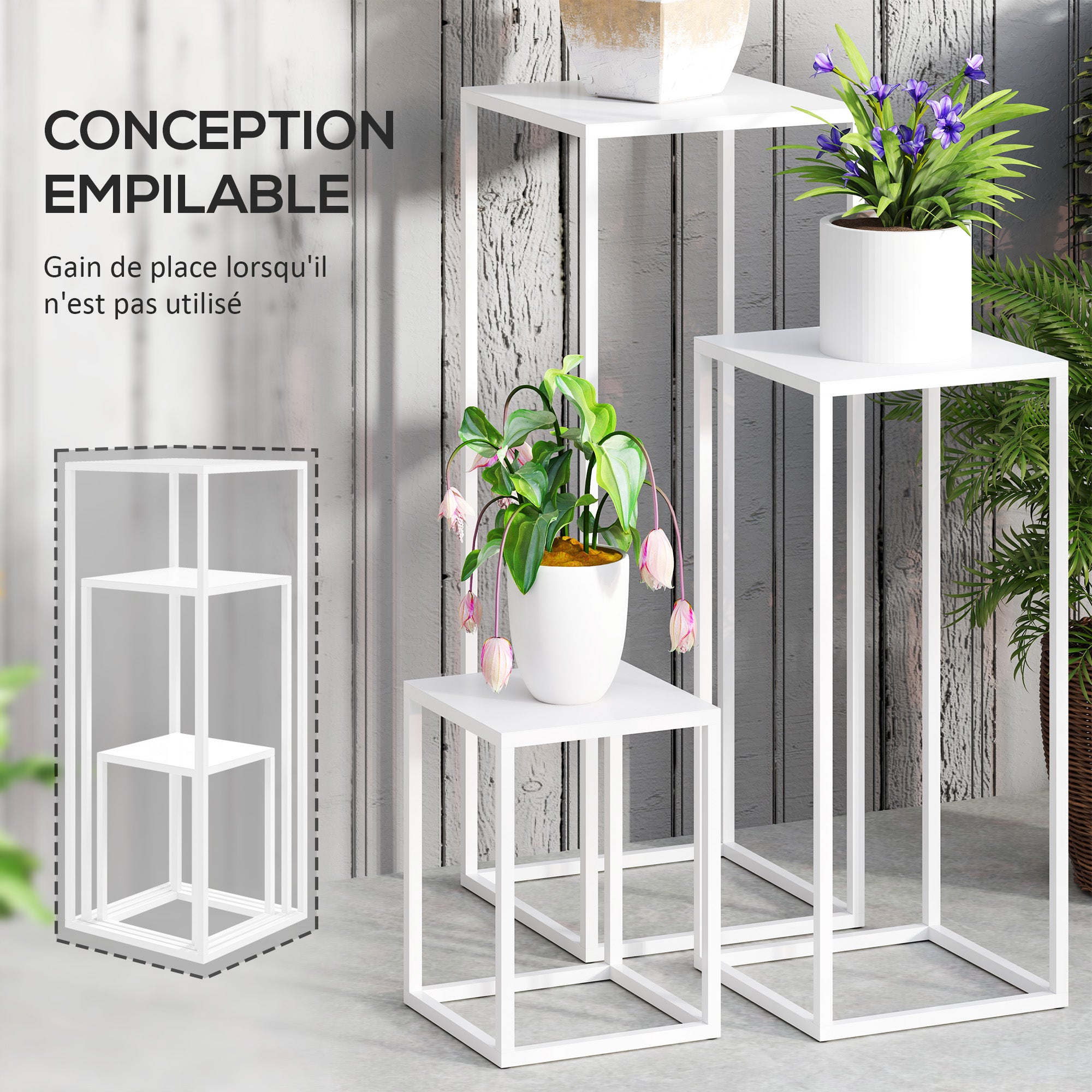 Ensemble de 3 supports à plantes carrés en métal, empilables, intérieur extérieur, jardin, balcon, maison, blancs - 2