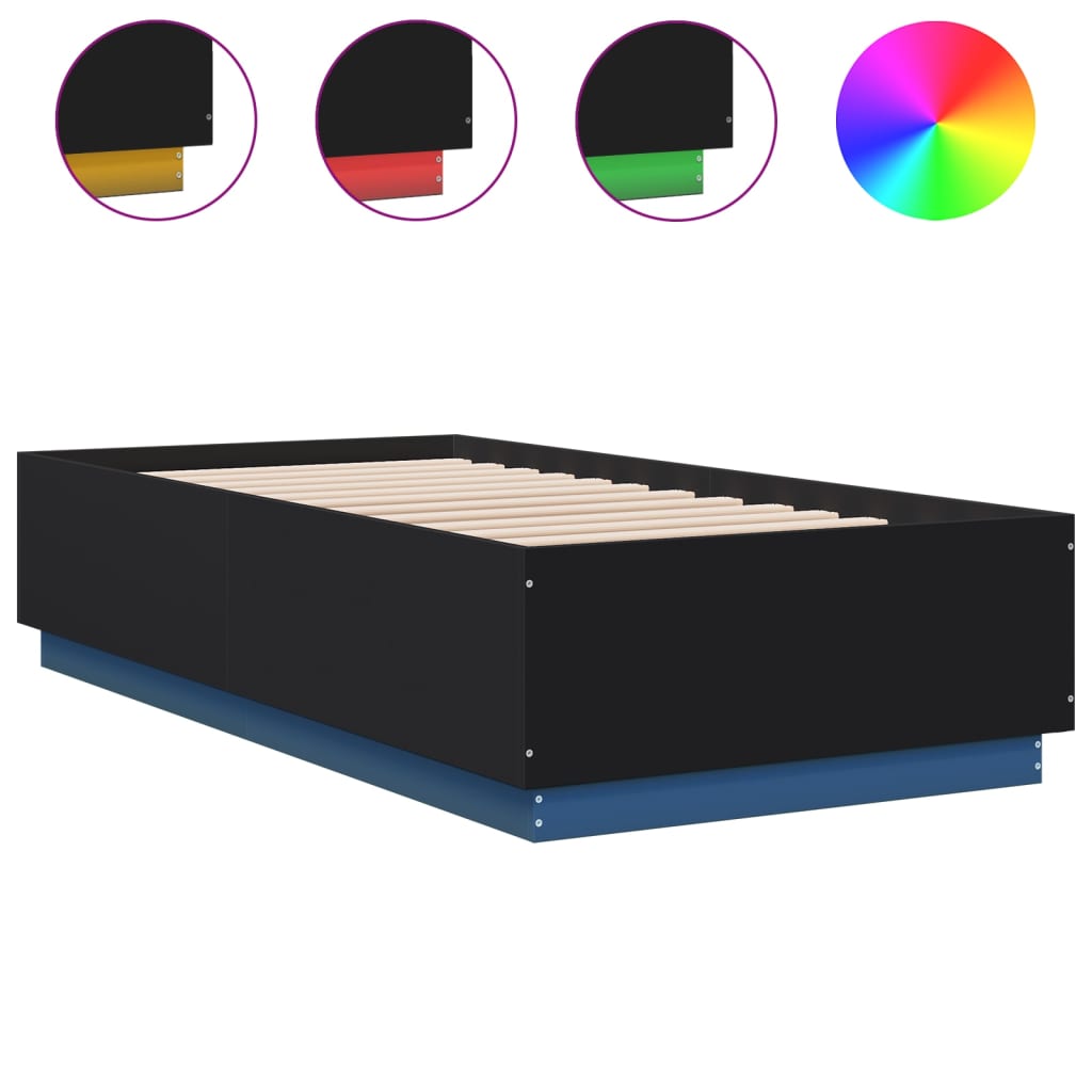 Łóżko Czarne z Oświetleniem LED Rama Łóżka Ze Stelażem Do Sypialni Pokoju 75x190 cm