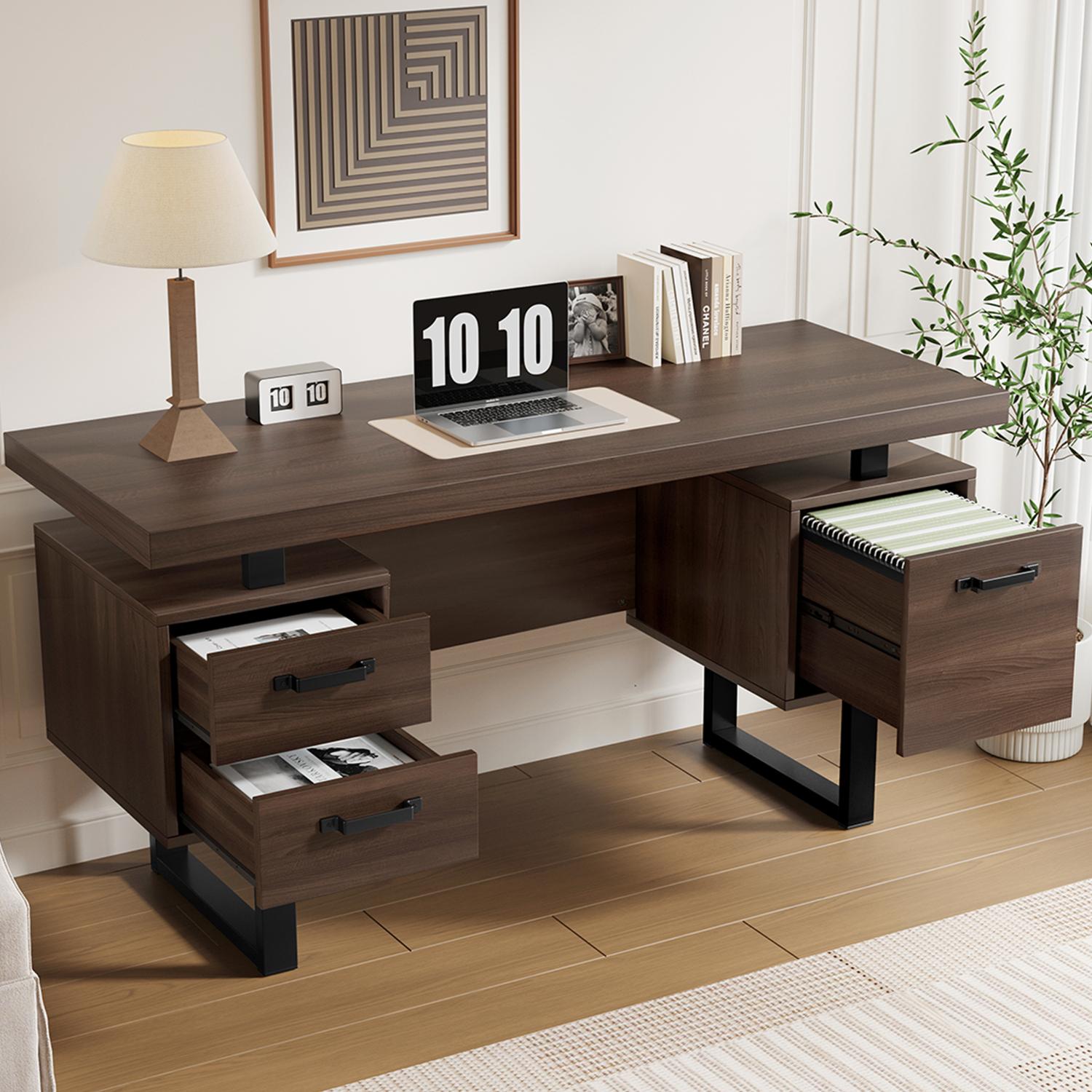 Biurko 135x54 cm MDF i stal, 2 ciche szuflady, organizer na teczki, gruba płyta