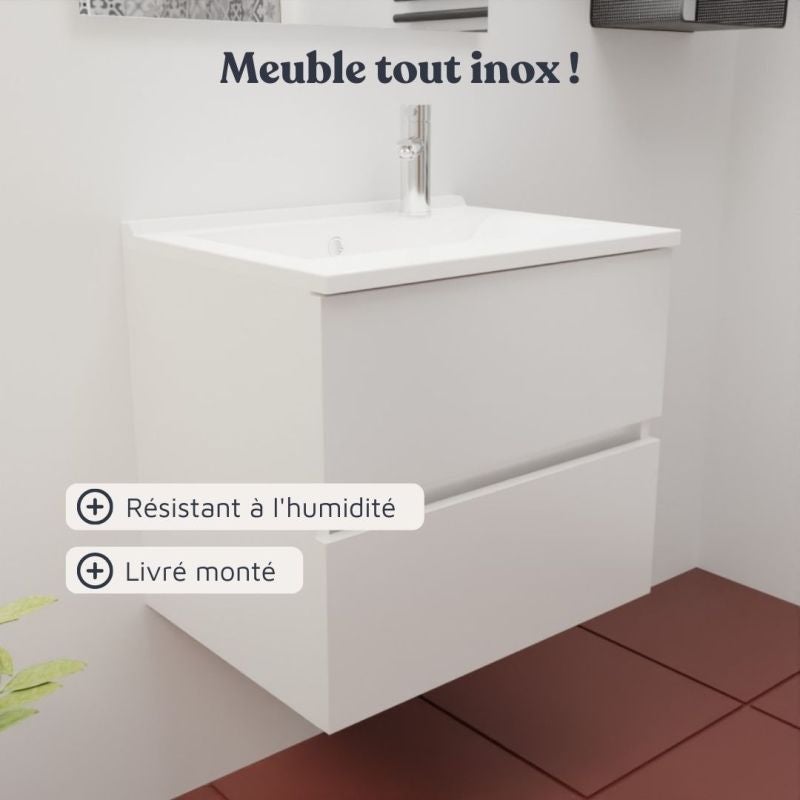 Meuble salle de bain suspendu 60 cm ROSALY INOX- Blanc- Plan vasque en Résine - 5