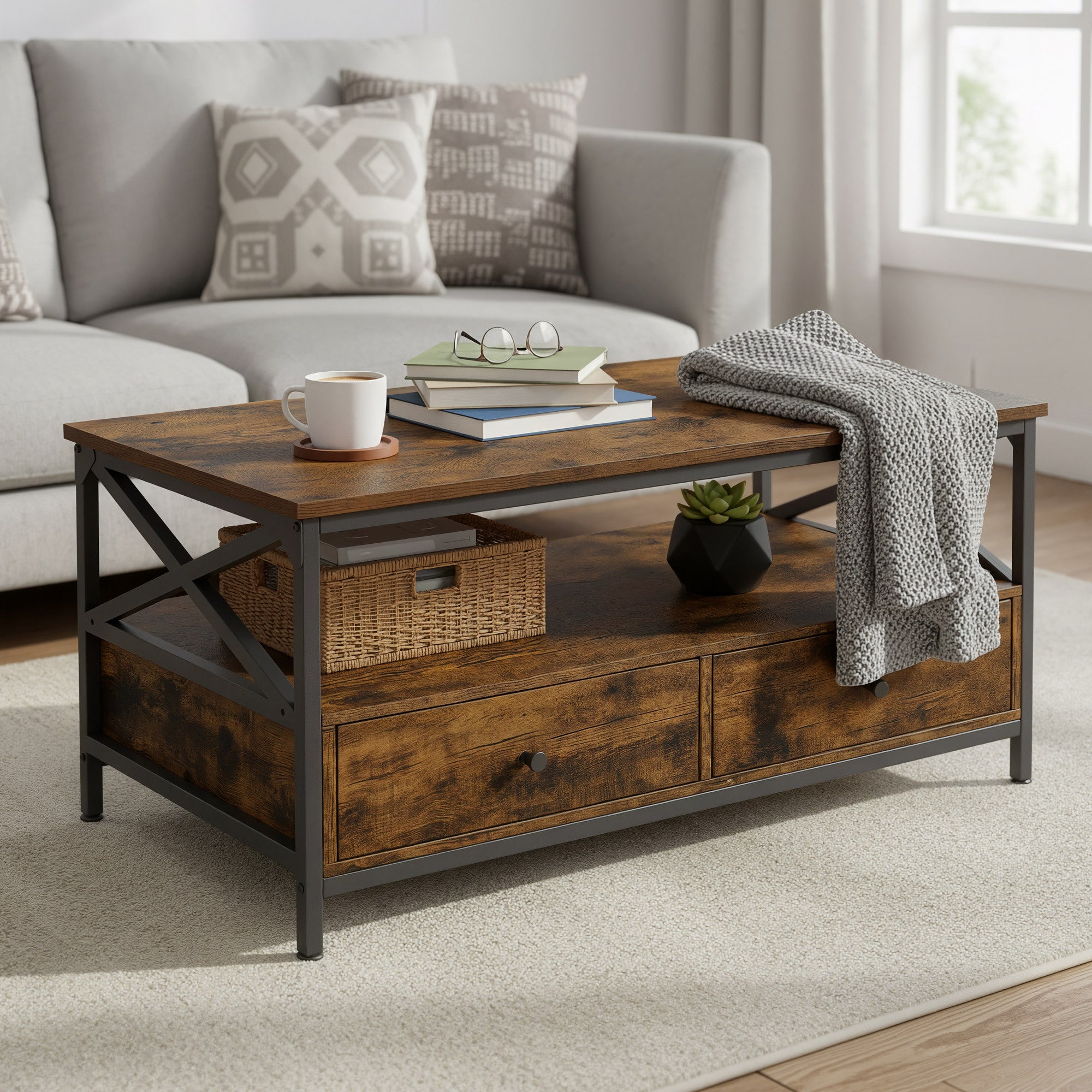 Table Basse, Table de Salon, Buffet Bas, avec 2 Tiroirs et Un Compartiment Ouvert, Cadre en Acier en Forme de X, Style Industriel, Marron et Noir - 2