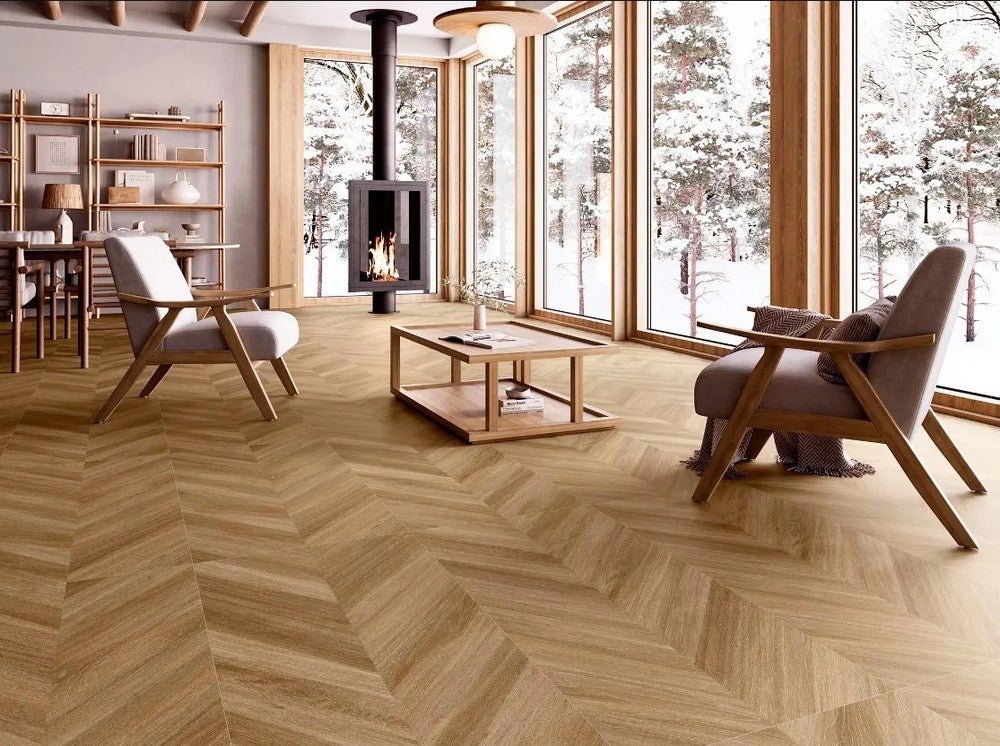Carrelage sol/mur effet chevron bois mat HERRINGBONE HONEY L.120 x l.60cm - 2