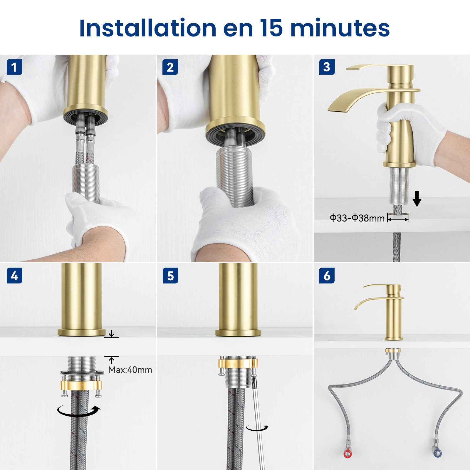 CECIPA MAX Robinet de lavabo en Acier inoxydable Mitigeur de lavabo dorée Mitigeur M Robinet salle de bain en cascade - 8