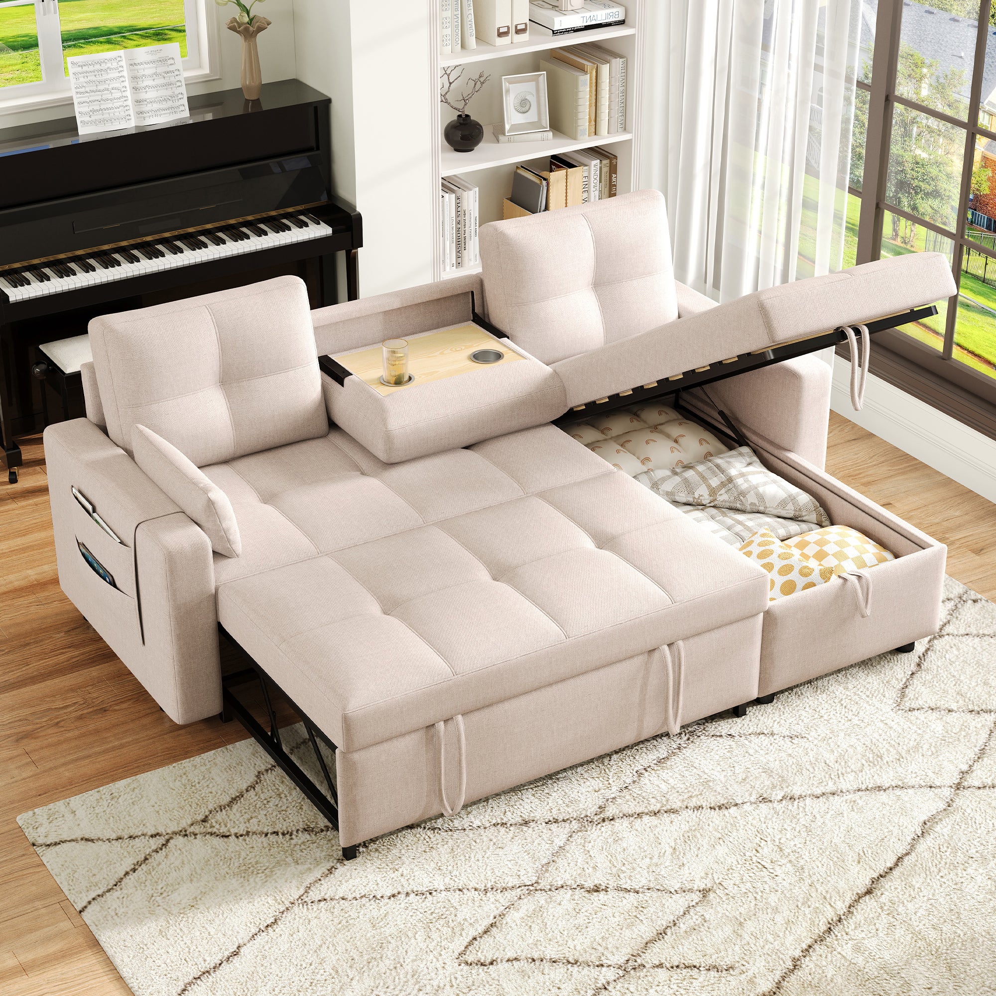 4-osobowa narożna sofa rozkładana z lnu - 205 x 139 x 87 cm - miejsce do przechowywania i uchwyt na kubek - z funkcją spania - Beżowy